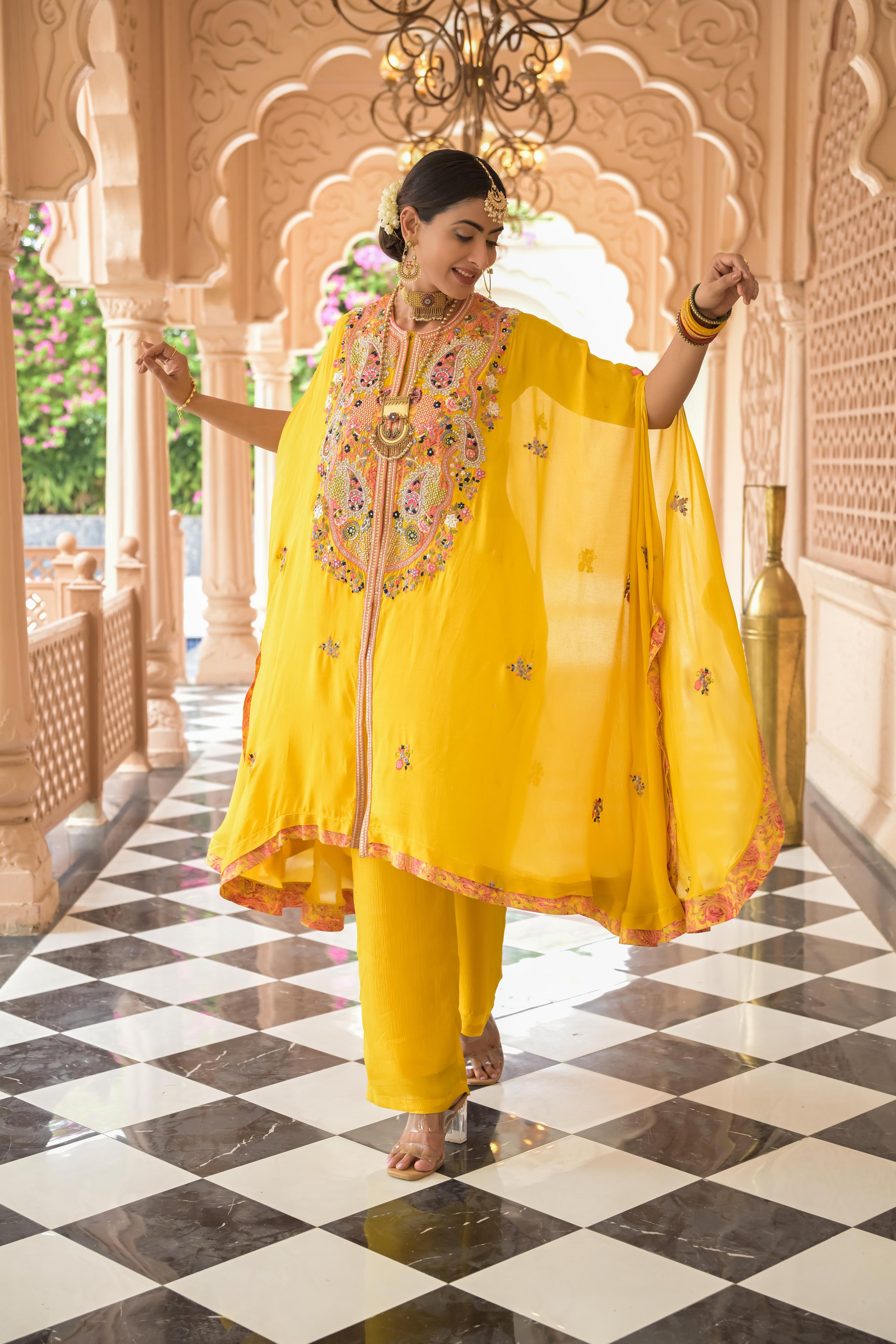 Bright Yellow Embroidered Premium Chinon Silk Kaftan Set