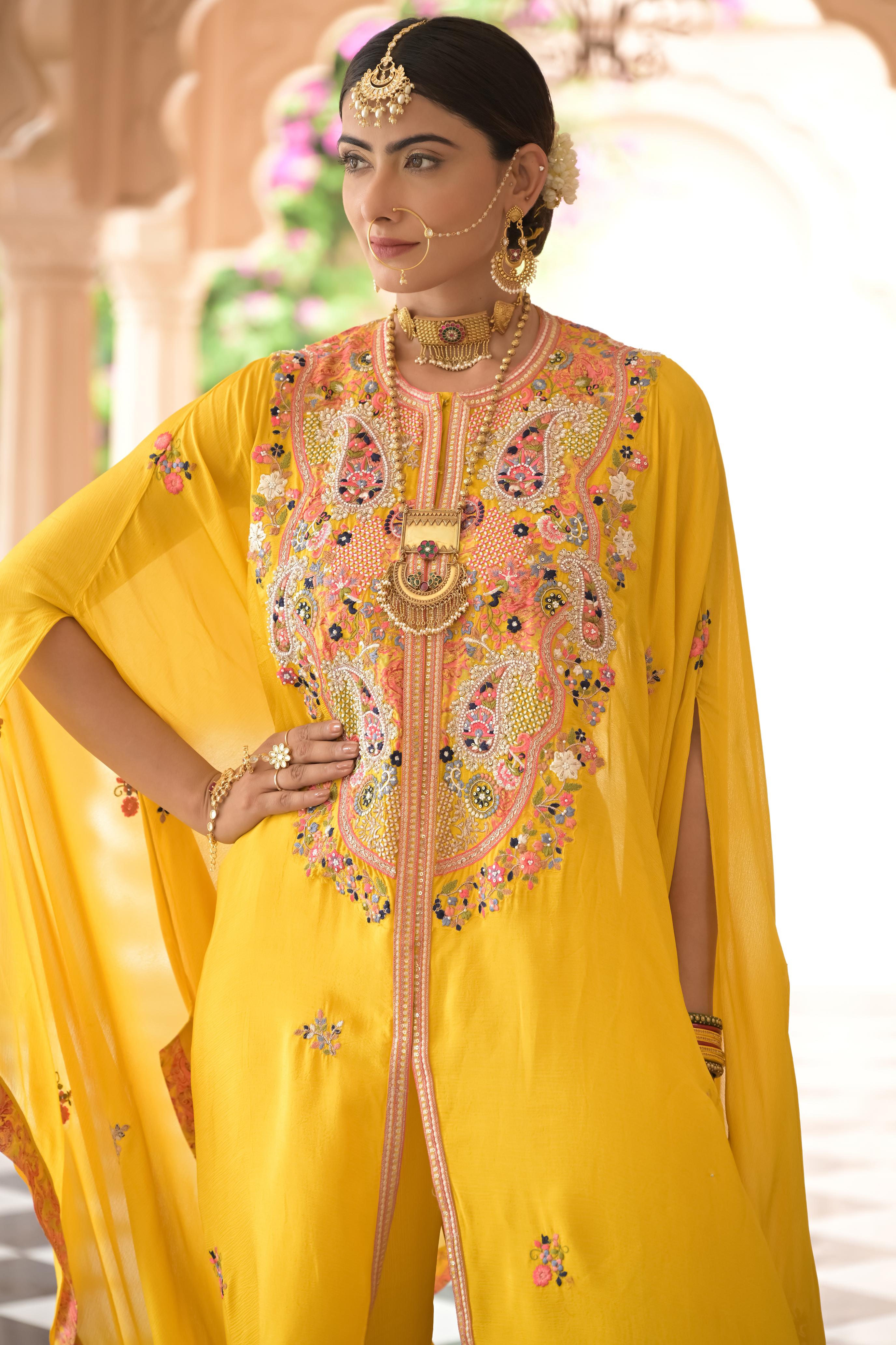 Bright Yellow Embroidered Premium Chinon Silk Kaftan Set