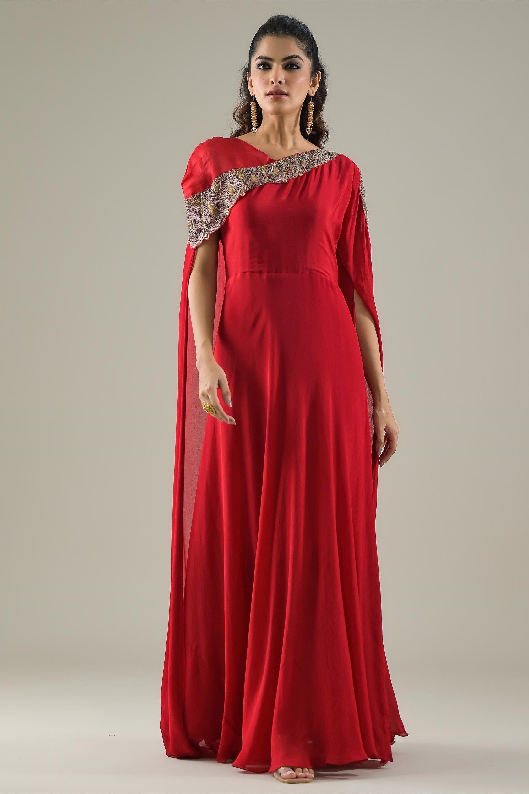 Red Embellished Chinon Silk Gown