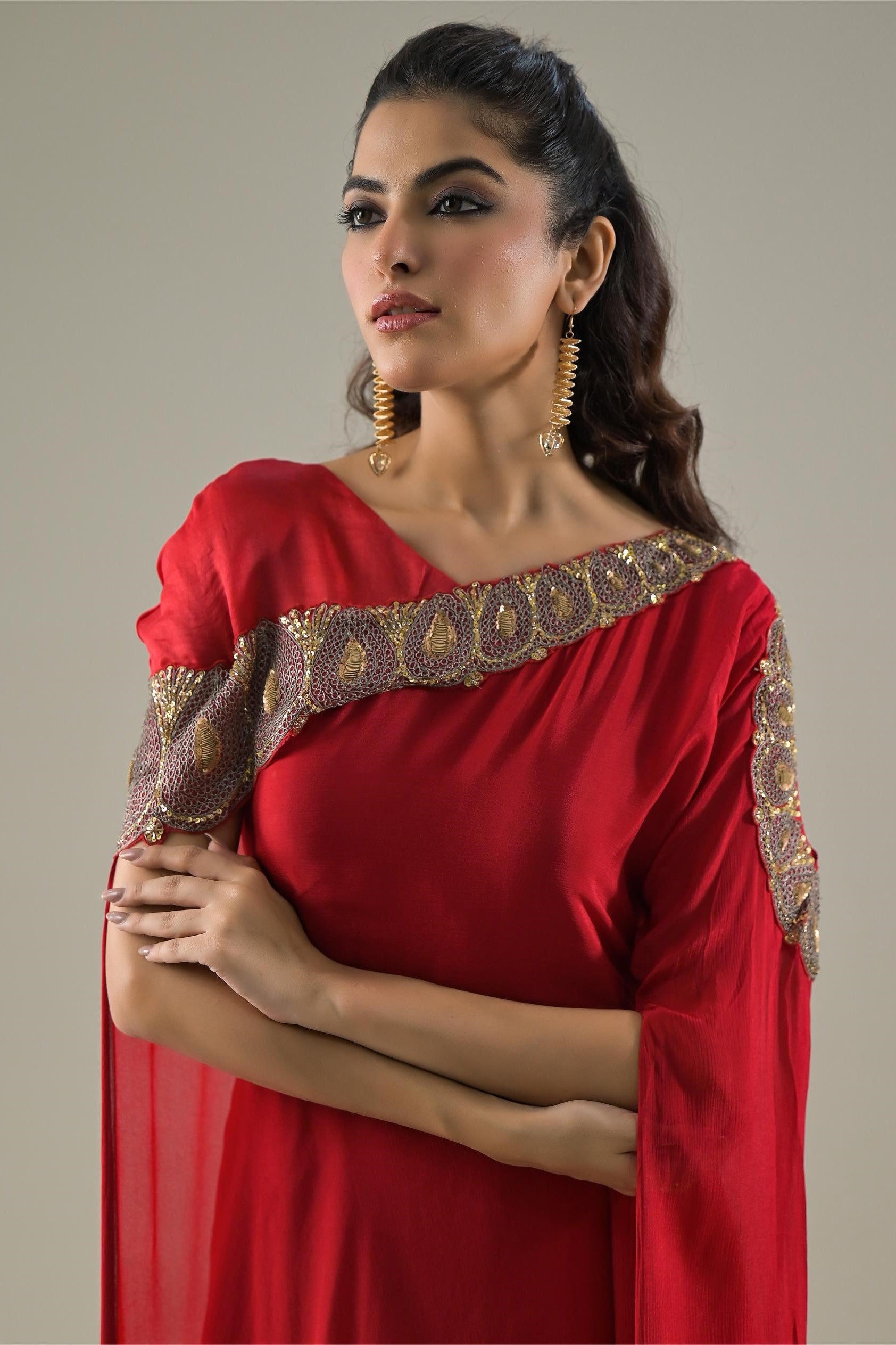 Red Embellished Chinon Silk Gown