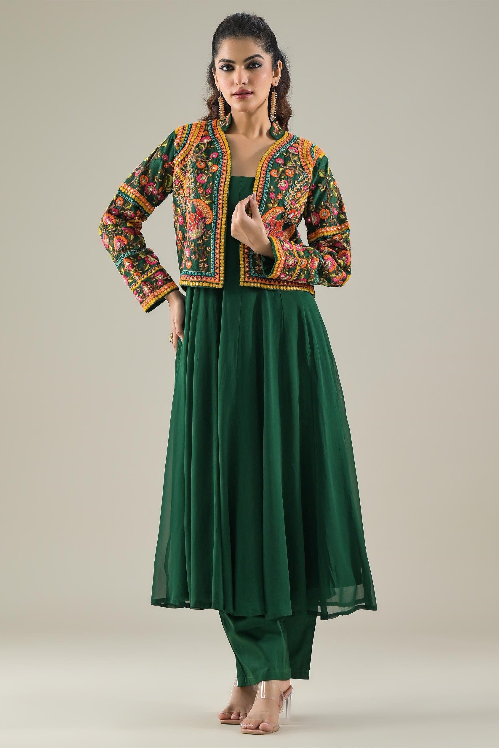 Deep Green Embroidered Raw Silk Jacket Kurta Set