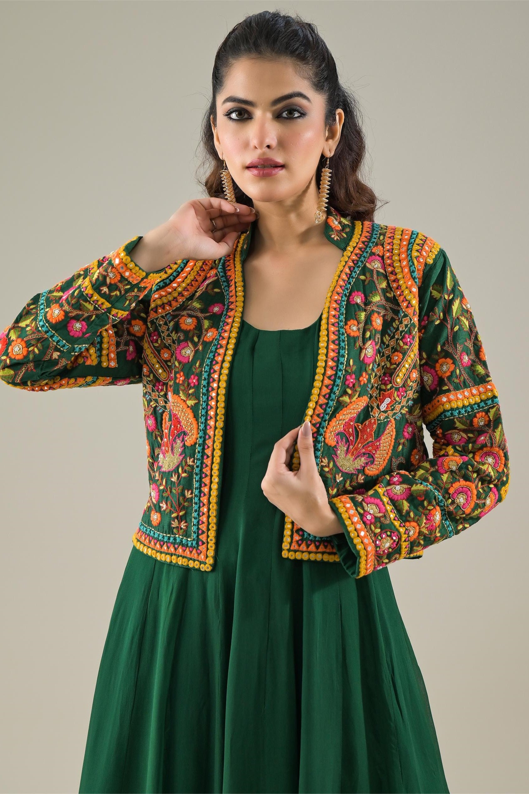 Deep Green Embroidered Raw Silk Jacket Kurta Set