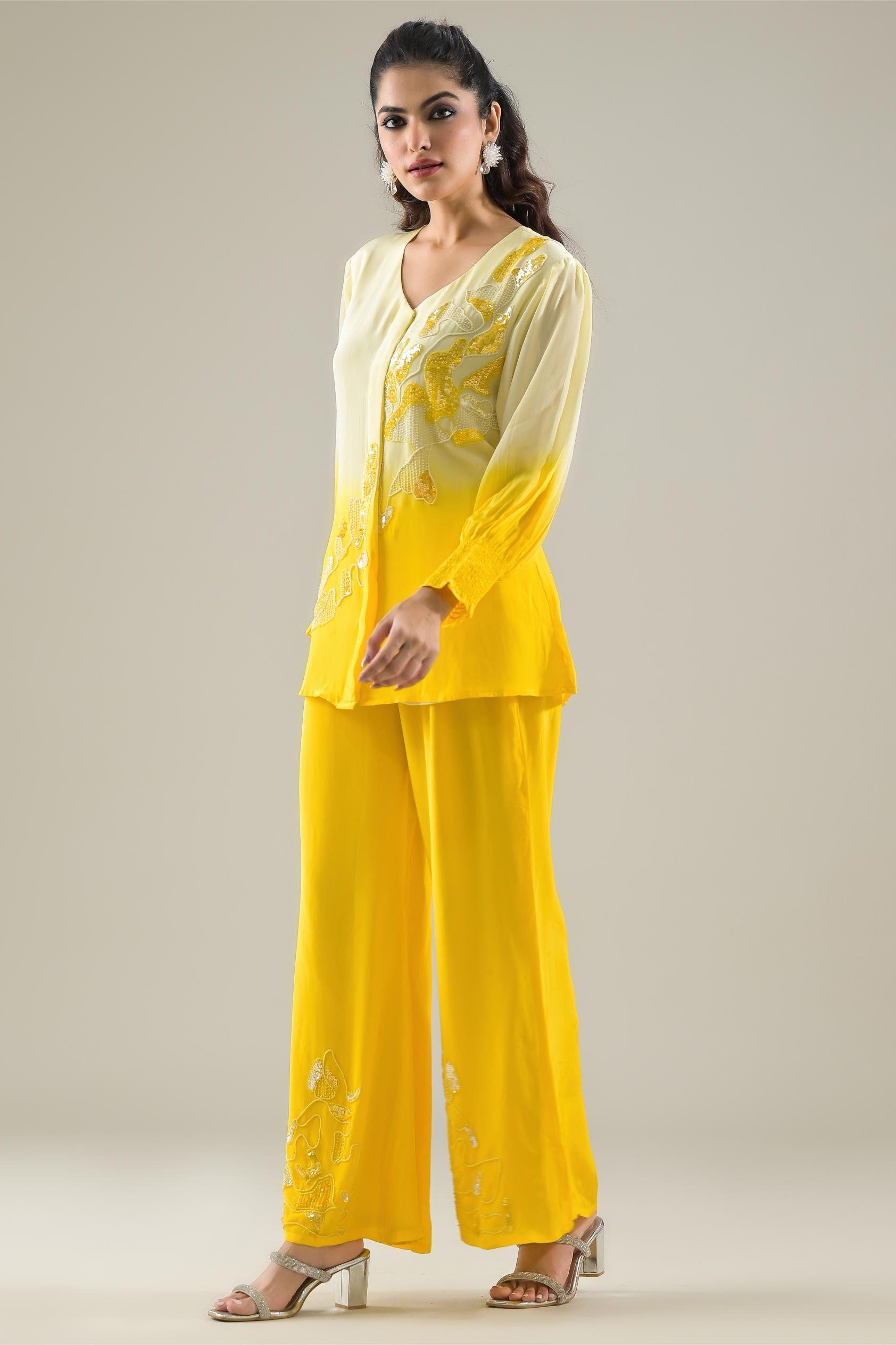 Lemon Yellow Ombre-Dyed Habutai Silk Palazzo Set