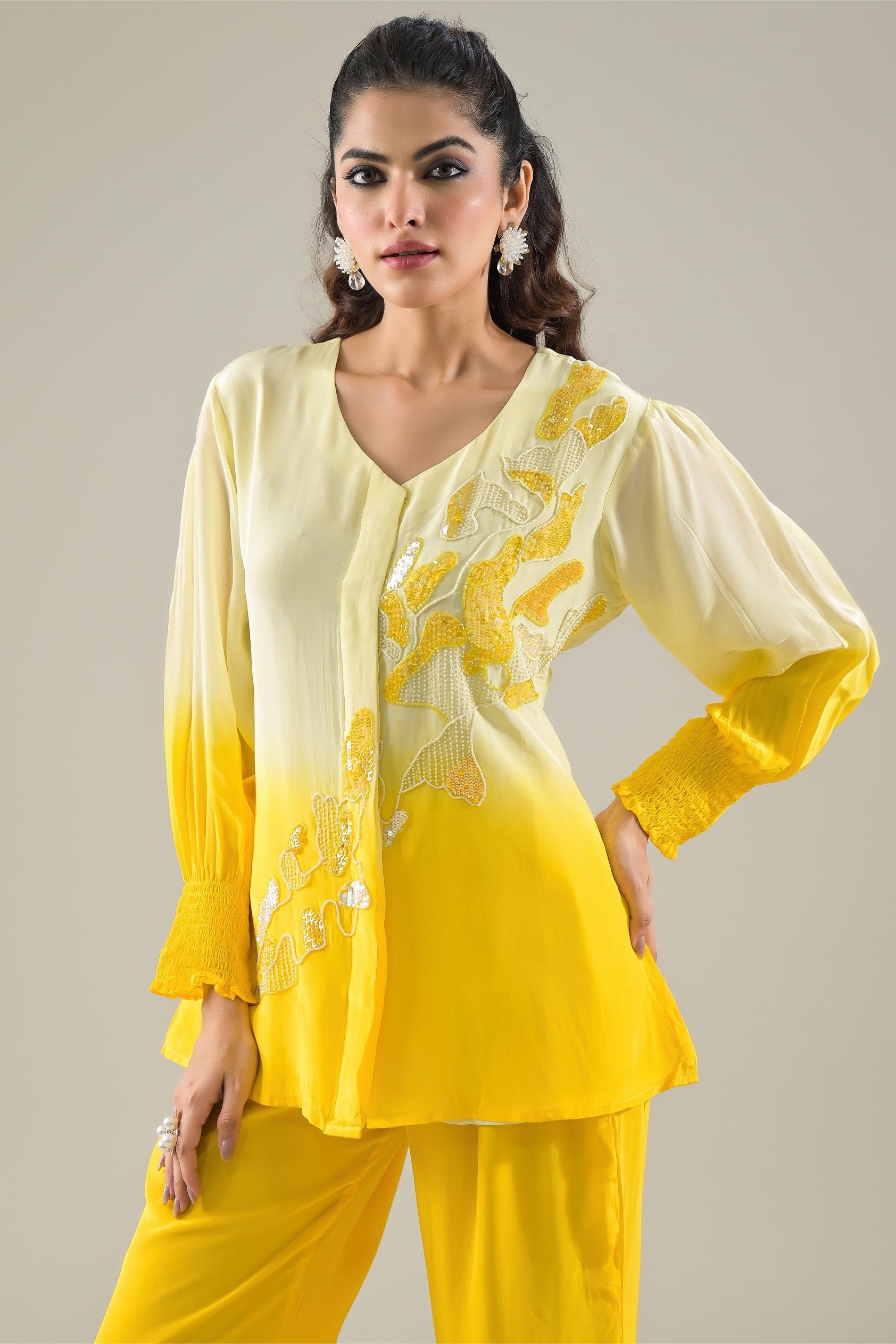 Lemon Yellow Ombre-Dyed Habutai Silk Palazzo Set