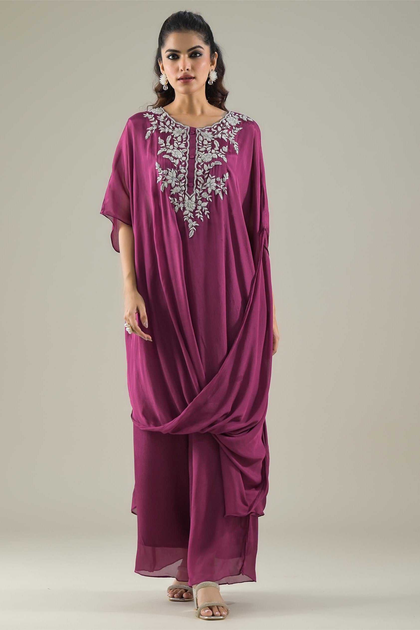 Mulberry Pink Embellished Chinon Silk Palazzo Set