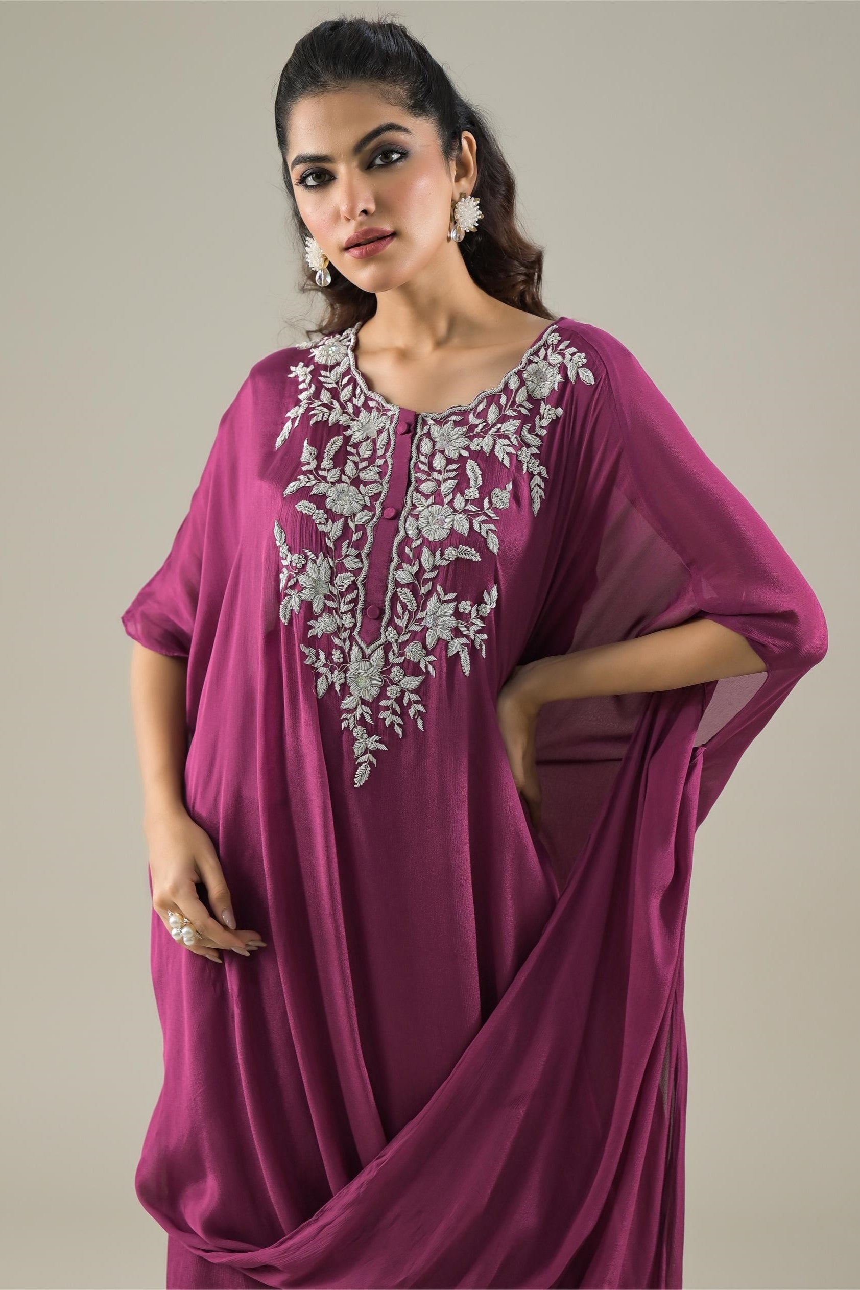 Mulberry Pink Embellished Chinon Silk Palazzo Set