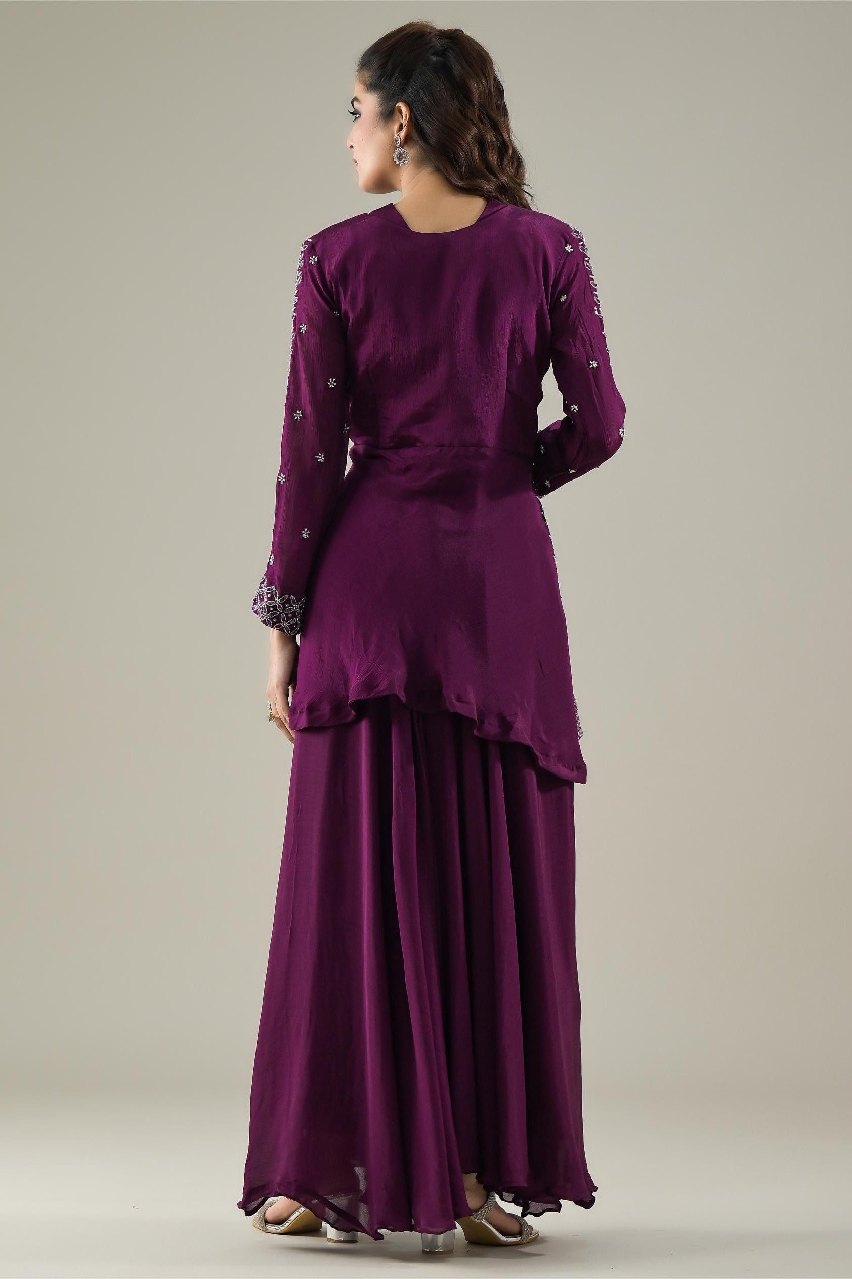 Royal Purple Embellished Chinon Silk Jacket & Palazzo Set