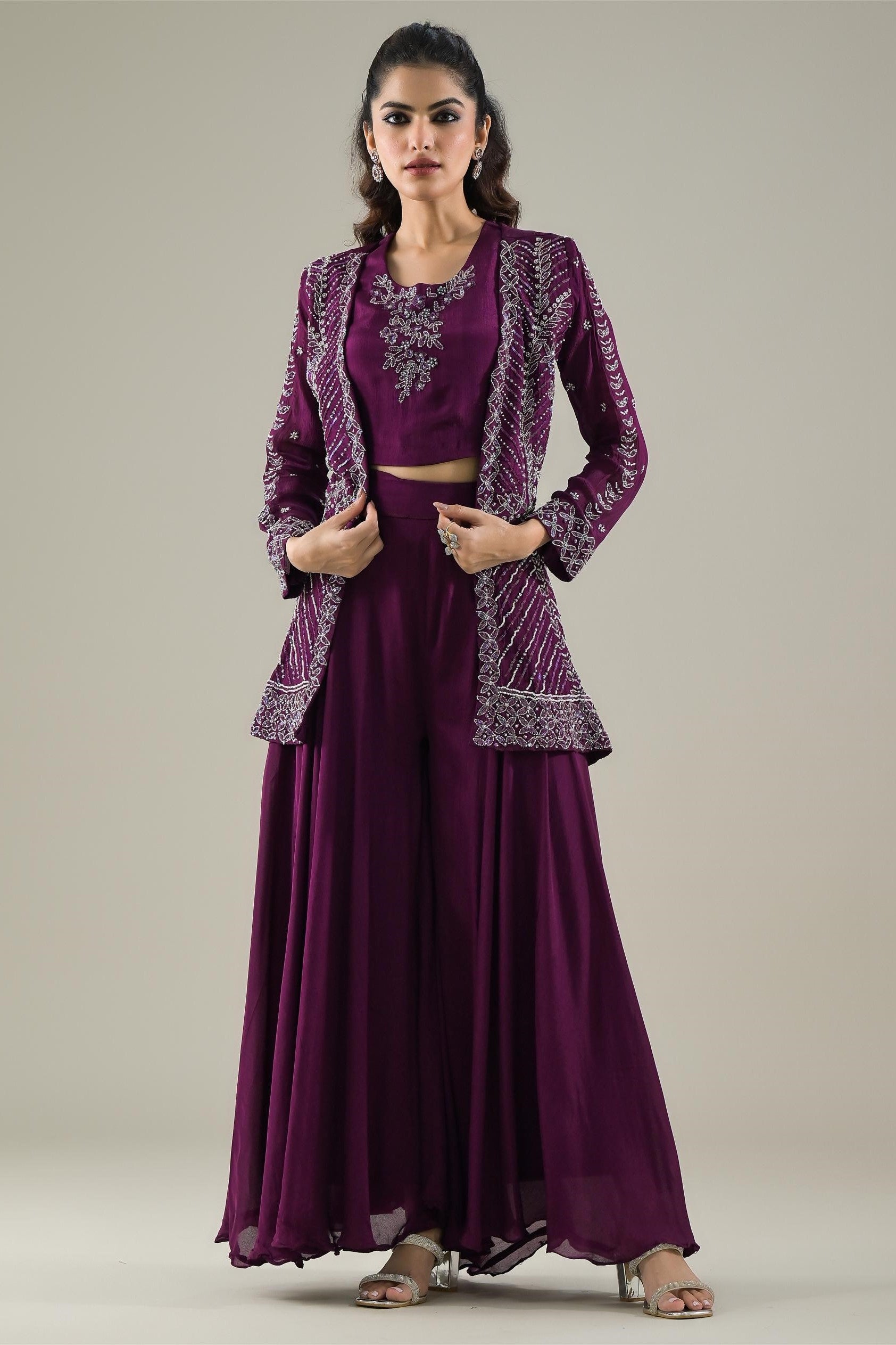 Royal Purple Embellished Chinon Silk Jacket & Palazzo Set