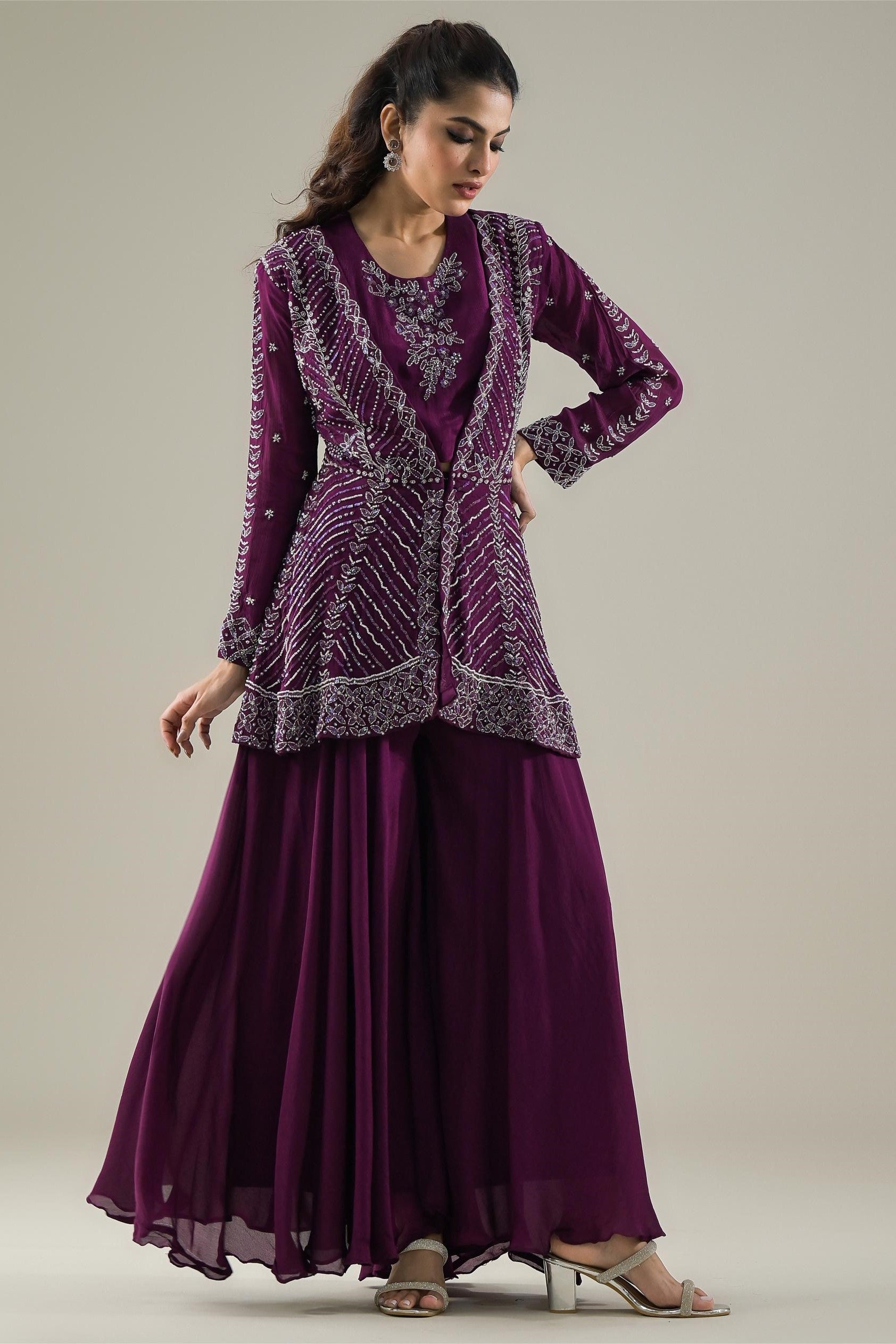 Royal Purple Embellished Chinon Silk Jacket & Palazzo Set