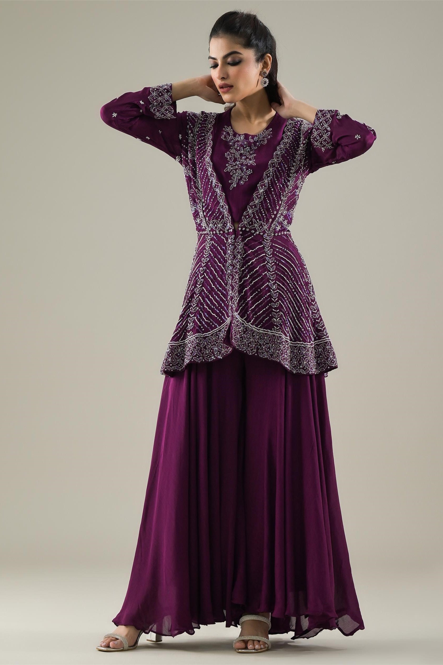 Royal Purple Embellished Chinon Silk Jacket & Palazzo Set