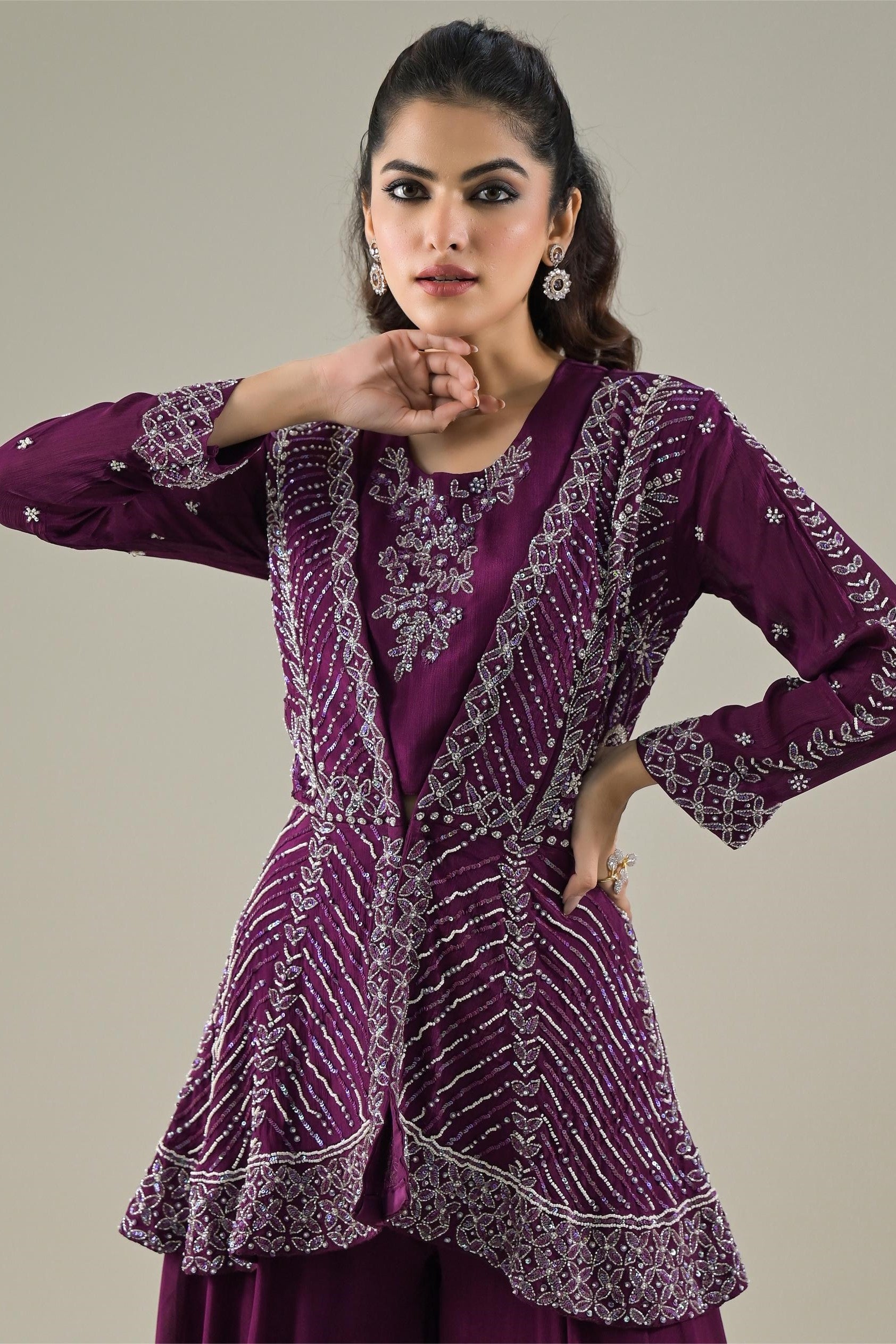 Royal Purple Embellished Chinon Silk Jacket & Palazzo Set