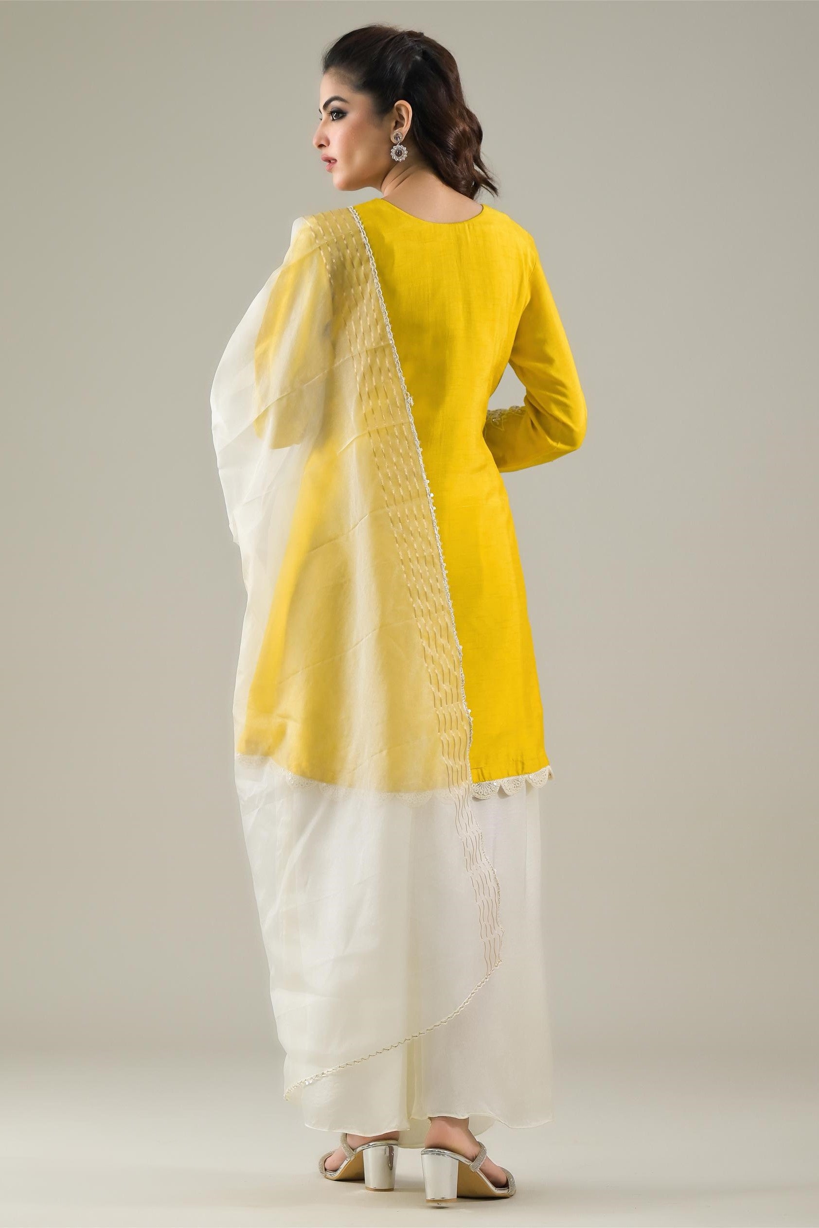 Festive Yellow Embroidered Raw Silk Pants Set