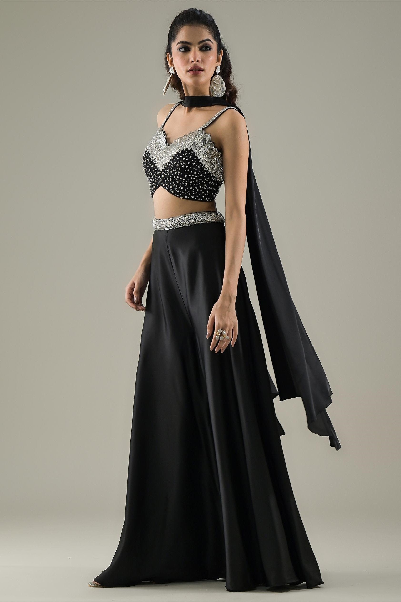 Black Embellished Premium Net Palazzo Set