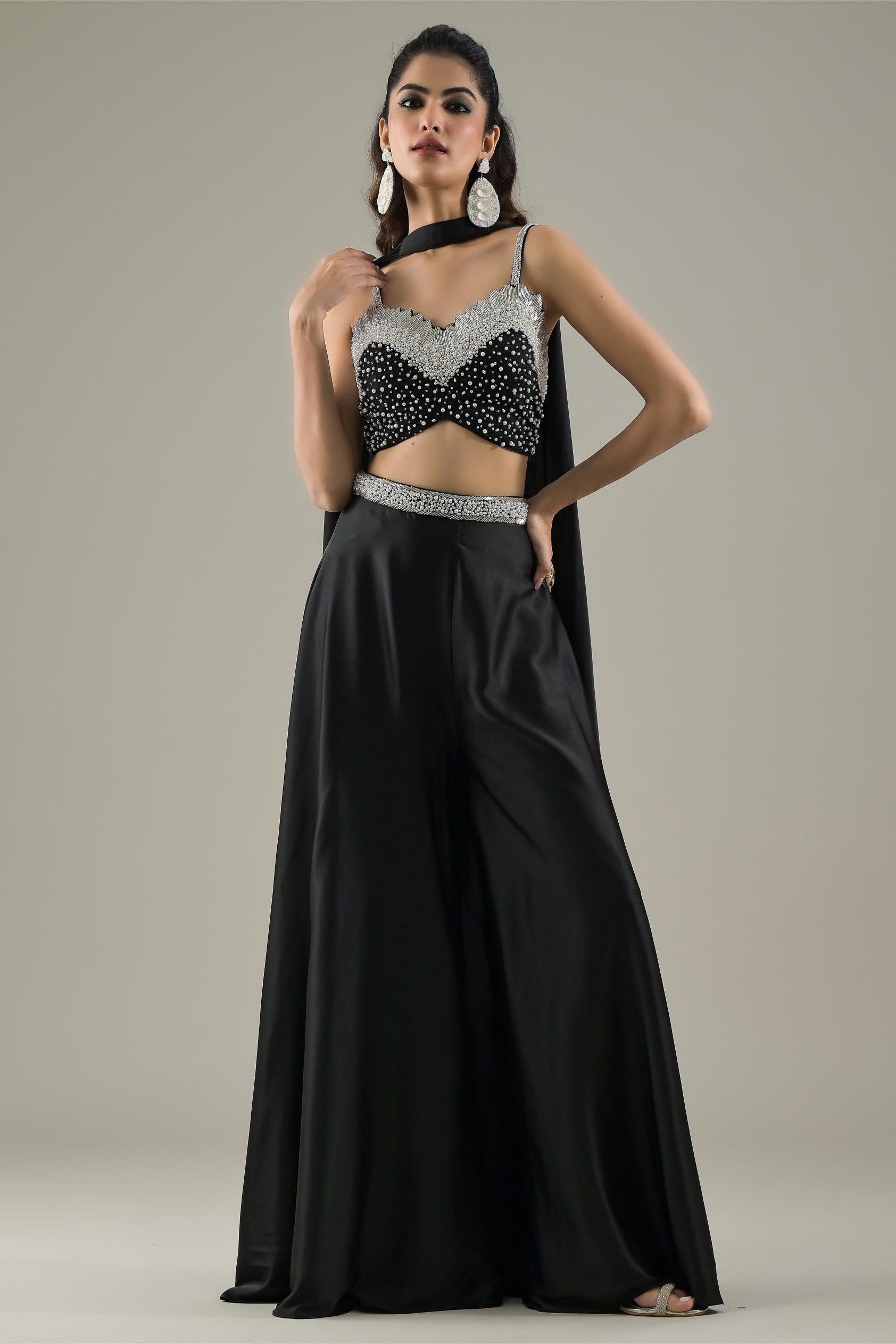 Black Embellished Premium Net Palazzo Set