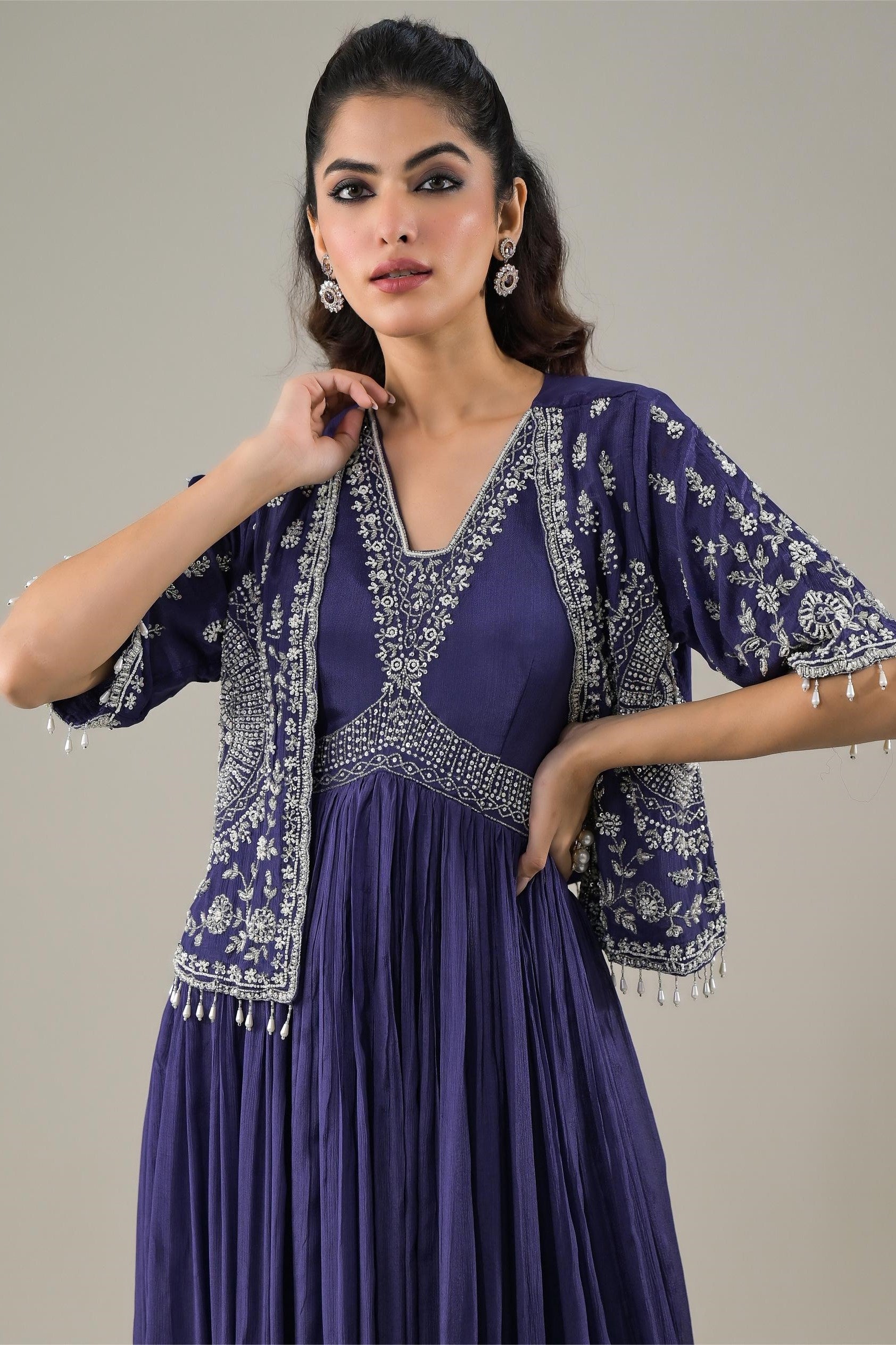 Purple Embellished Chinon Silk Gown