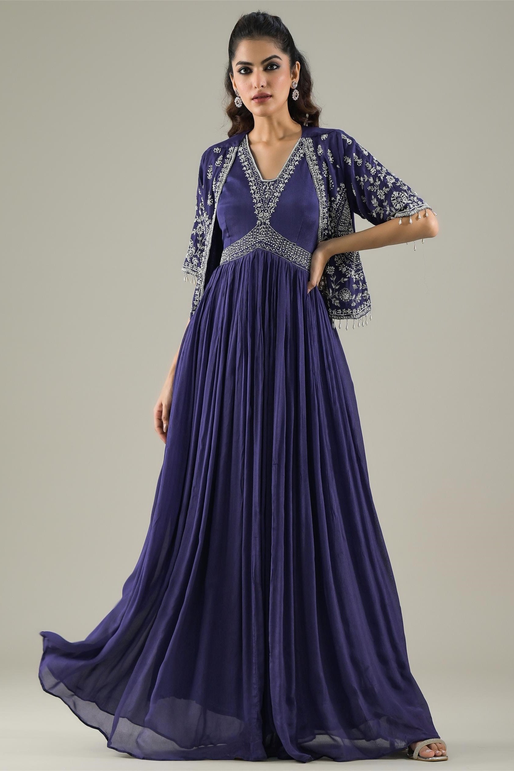 Purple Embellished Chinon Silk Gown