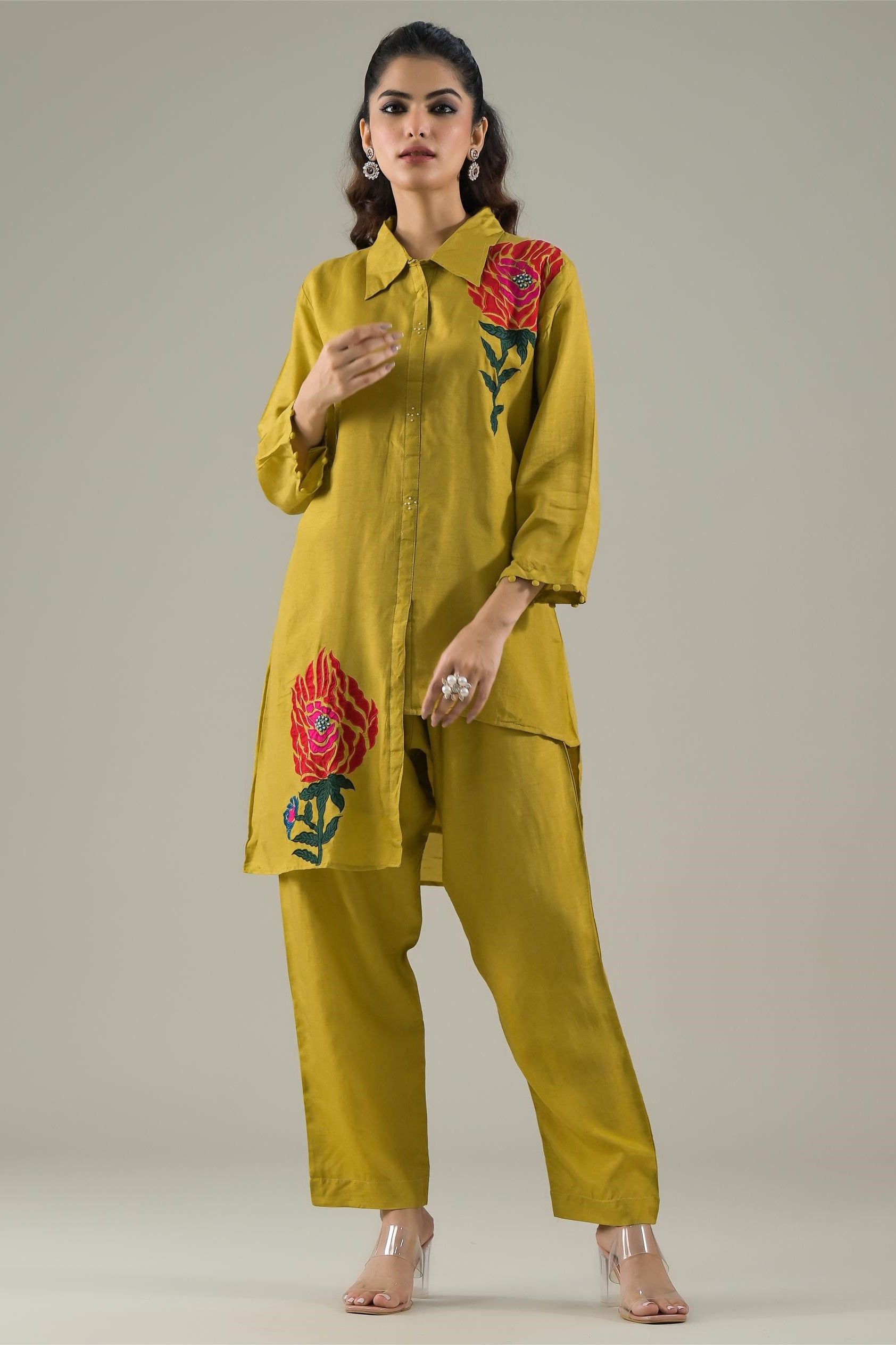 Golden Yellow Embroidered Raw Silk Co-Ord Set