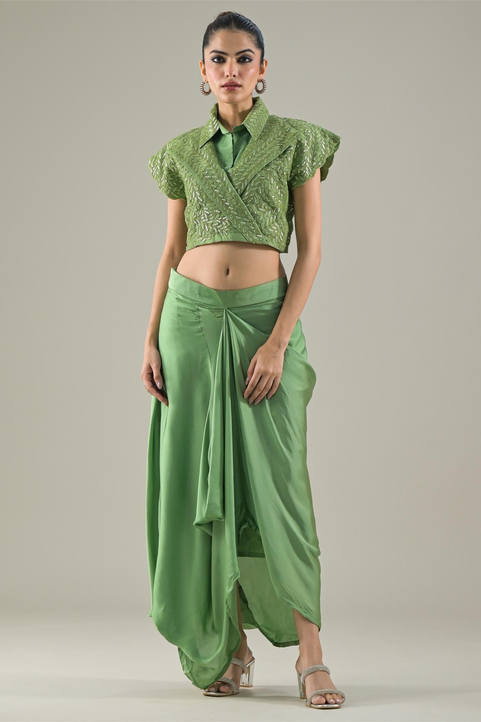 Green Embellished Raw Silk Jacket & Skirt Set