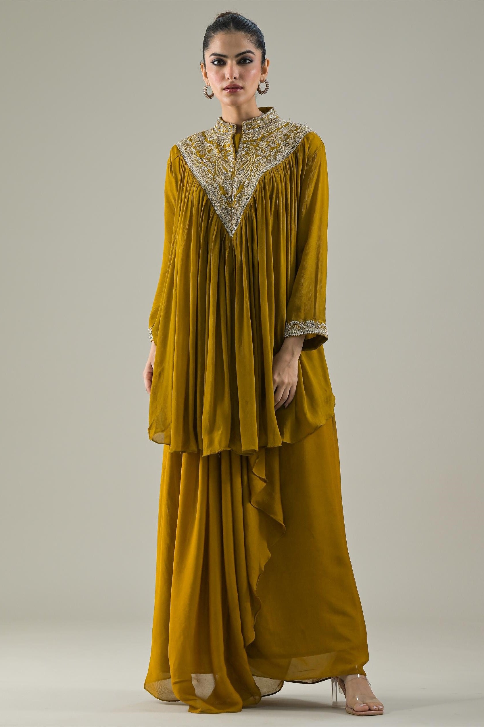 Ochre Yellow Embroidered Chinon Silk Kurta & Skirt Set