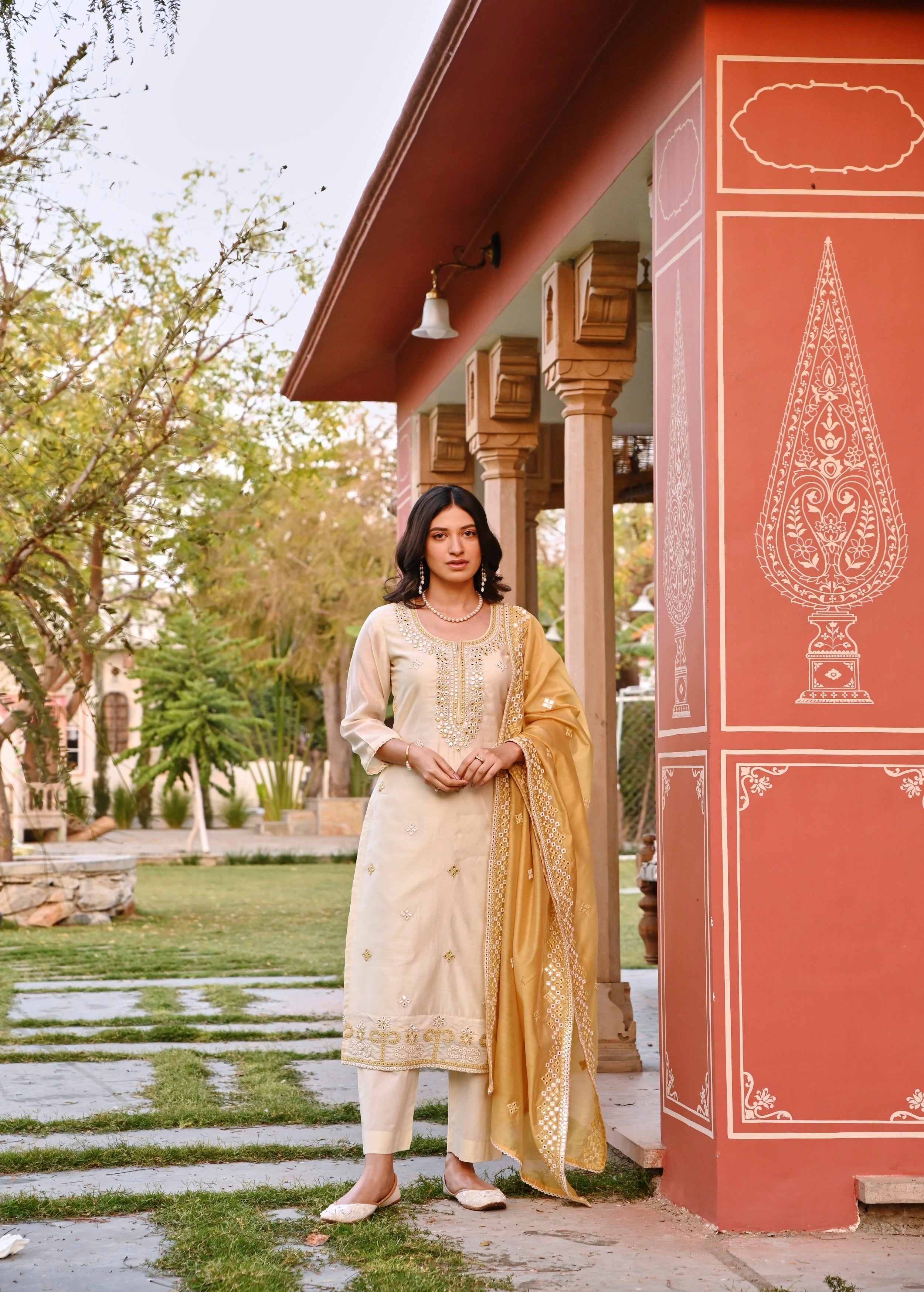 Pearl White Embellished Chanderi Silk Pant Set