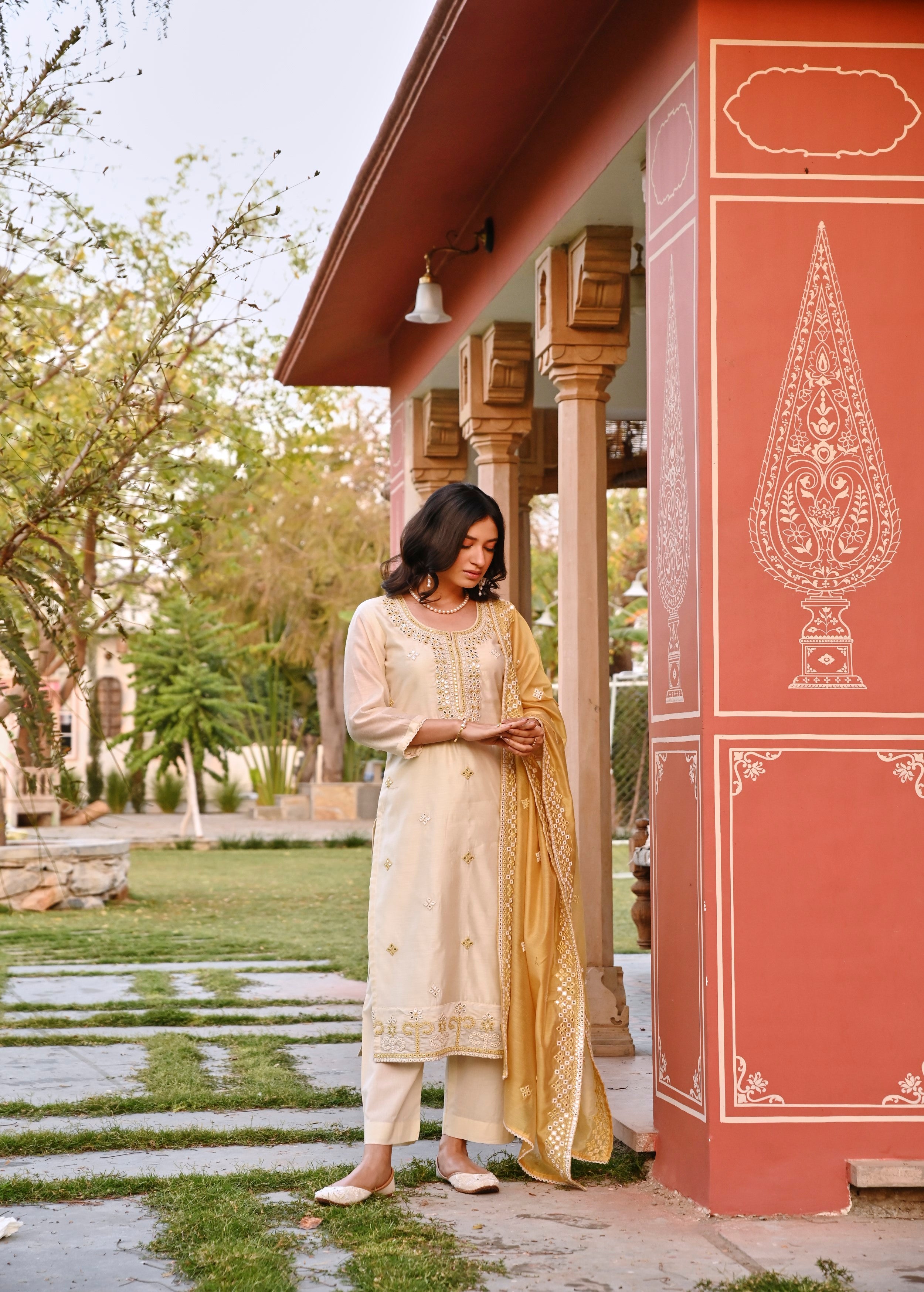 Pearl White Embellished Chanderi Silk Pant Set