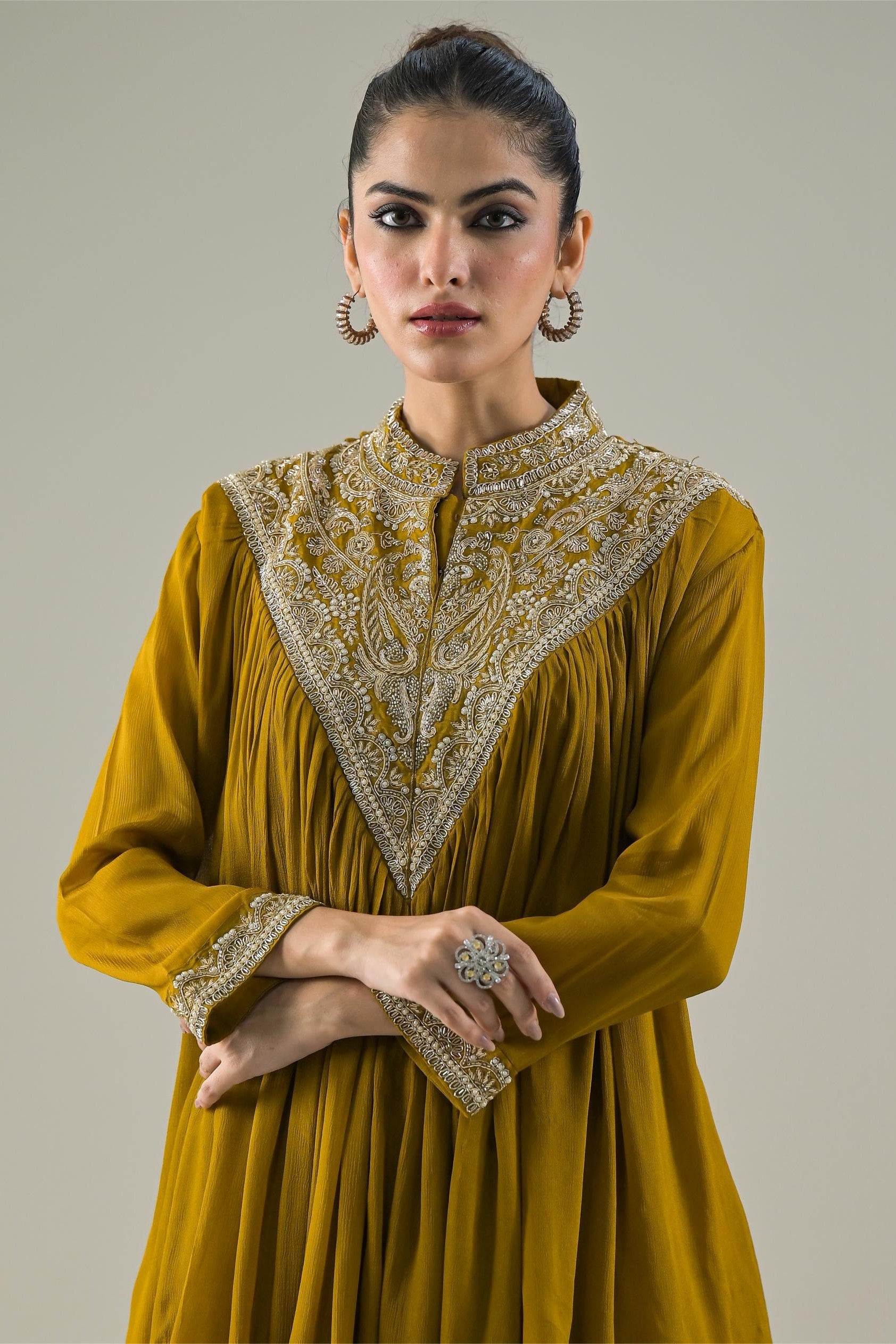 Ochre Yellow Embroidered Chinon Silk Kurta & Skirt Set