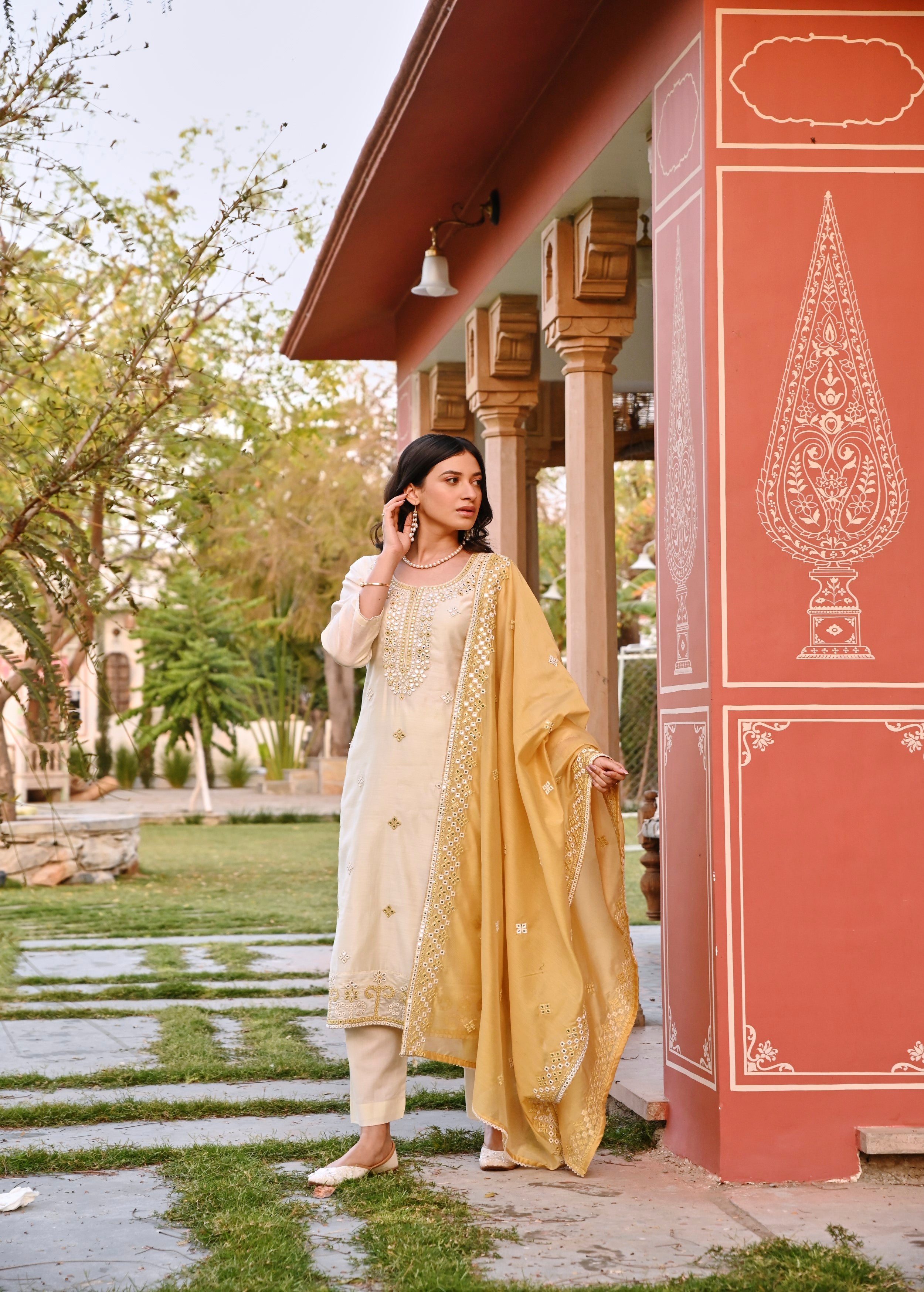 Pearl White Embellished Chanderi Silk Pant Set