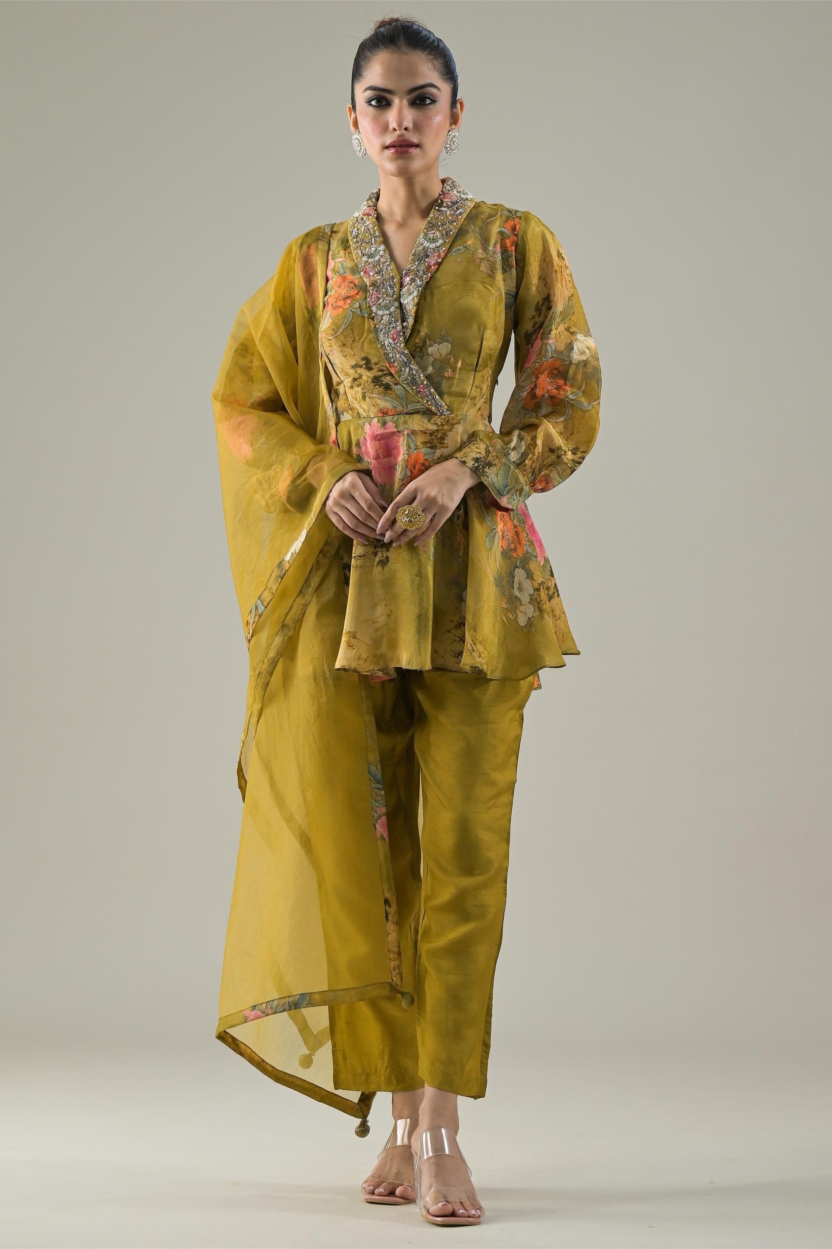 Mustard Floral Printed Shimmer Silk Pants Set