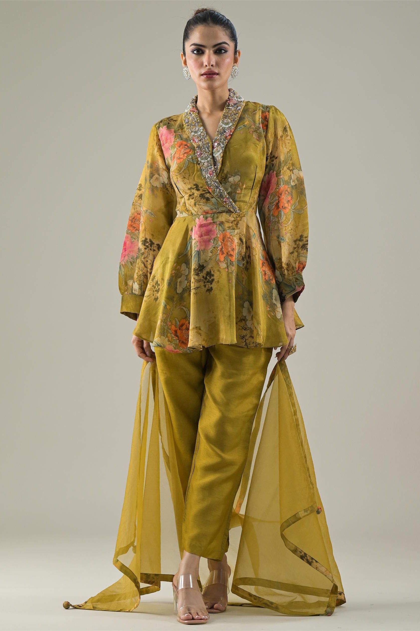 Mustard Floral Printed Shimmer Silk Pants Set