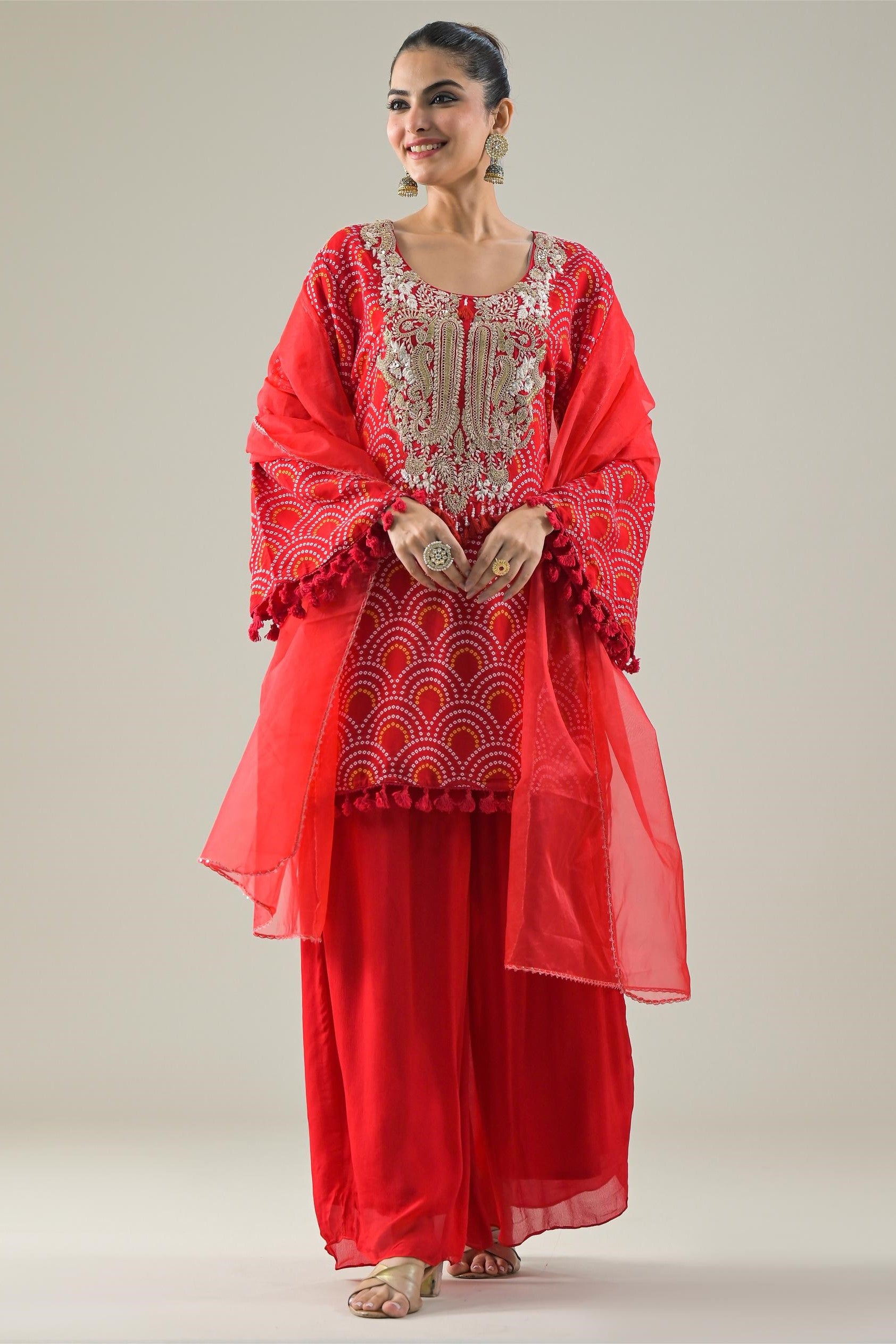 Red Bandhej Printed Soft Organza Silk Palazzo Set