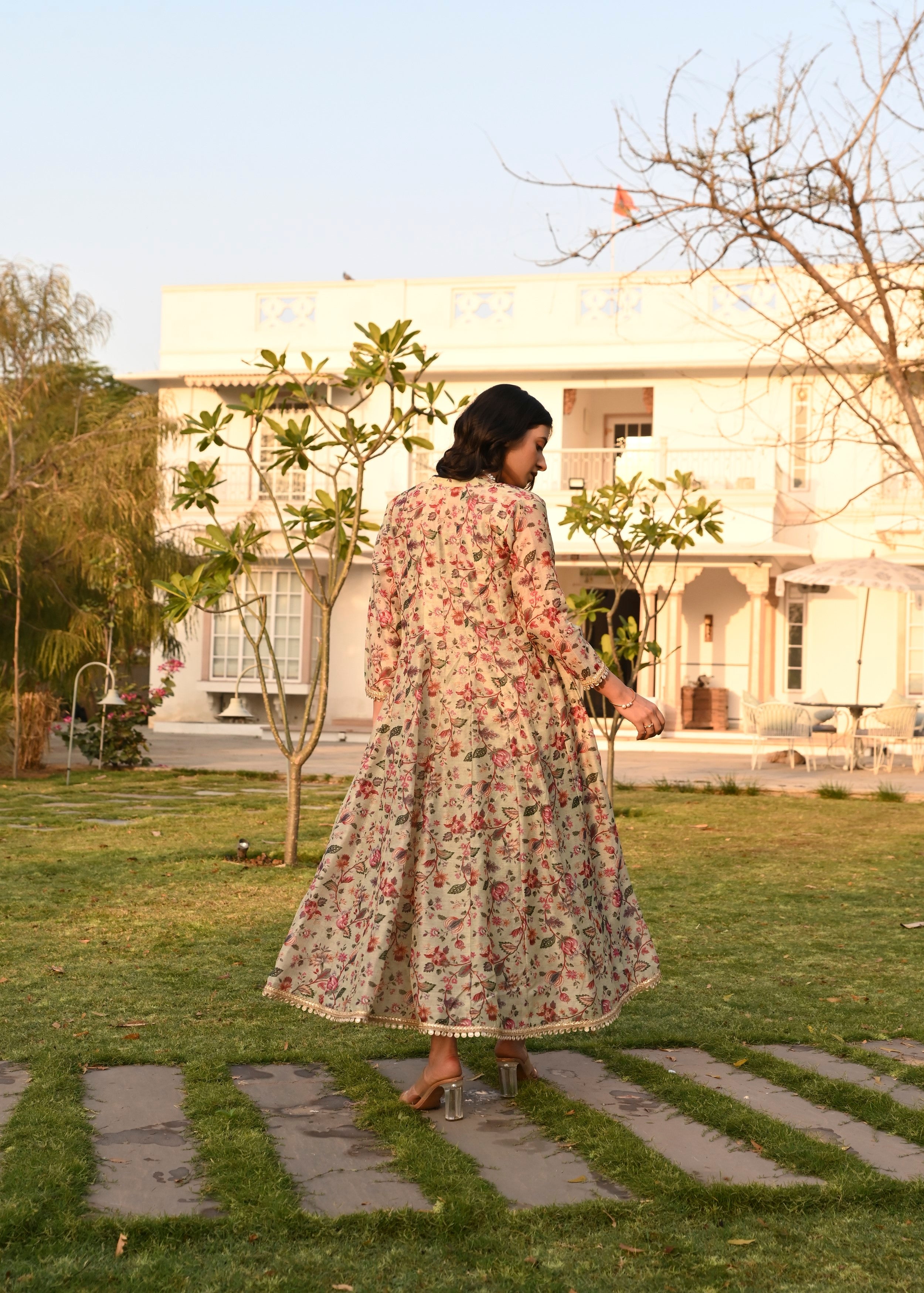Pista Green Printed Chanderi Silk Tunic Dress