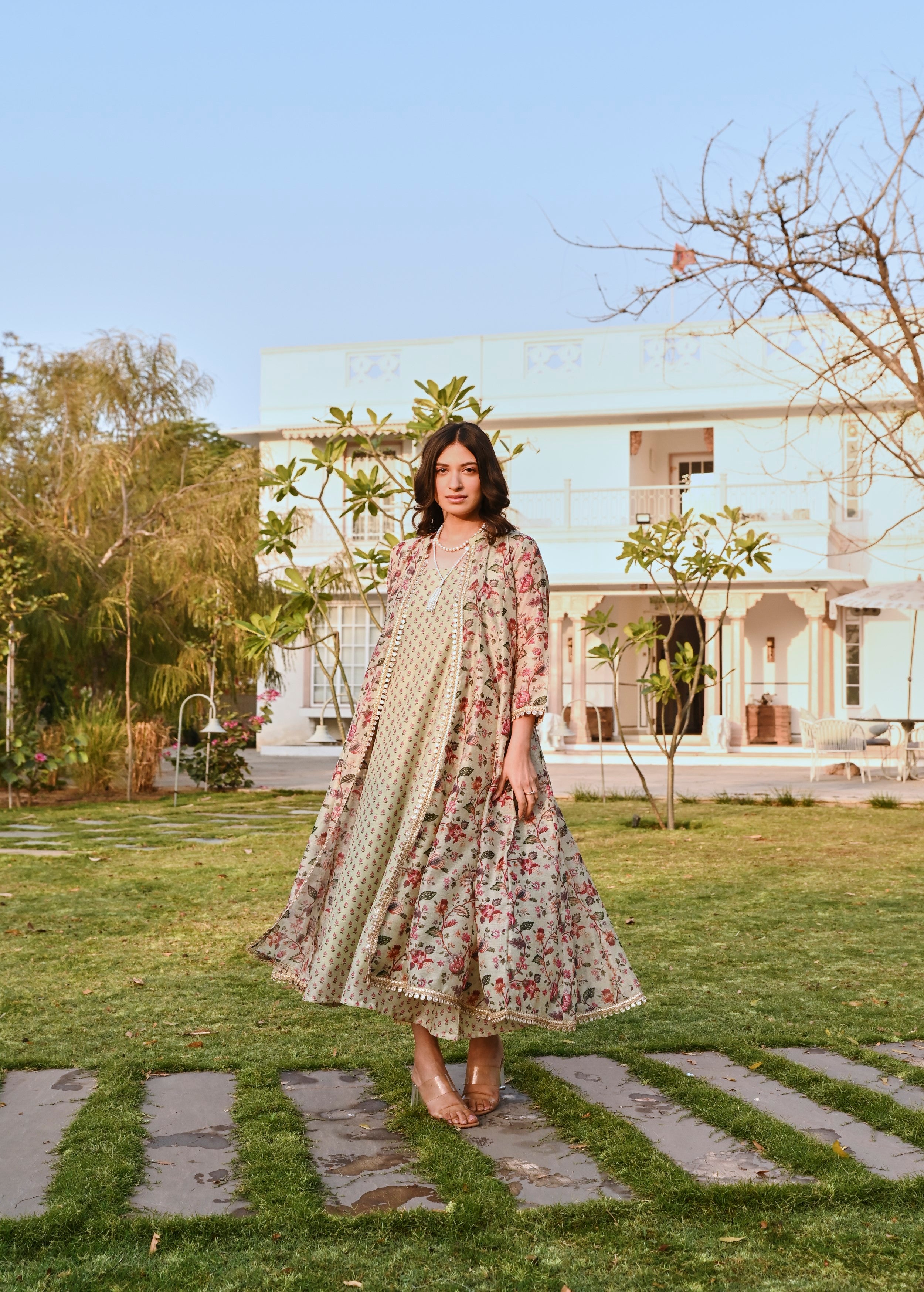 Pista Green Printed Chanderi Silk Tunic Dress