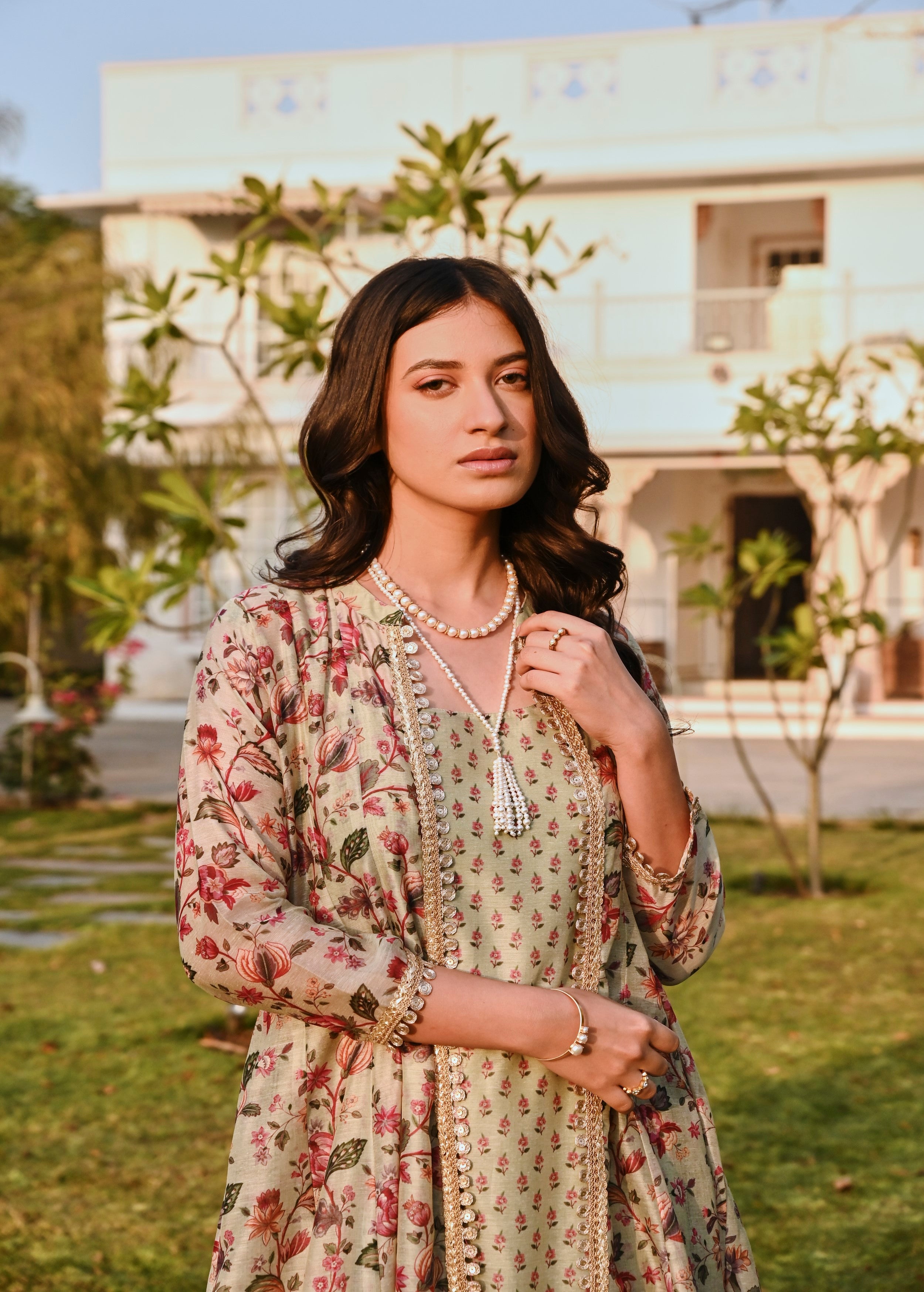 Pista Green Printed Chanderi Silk Tunic Dress
