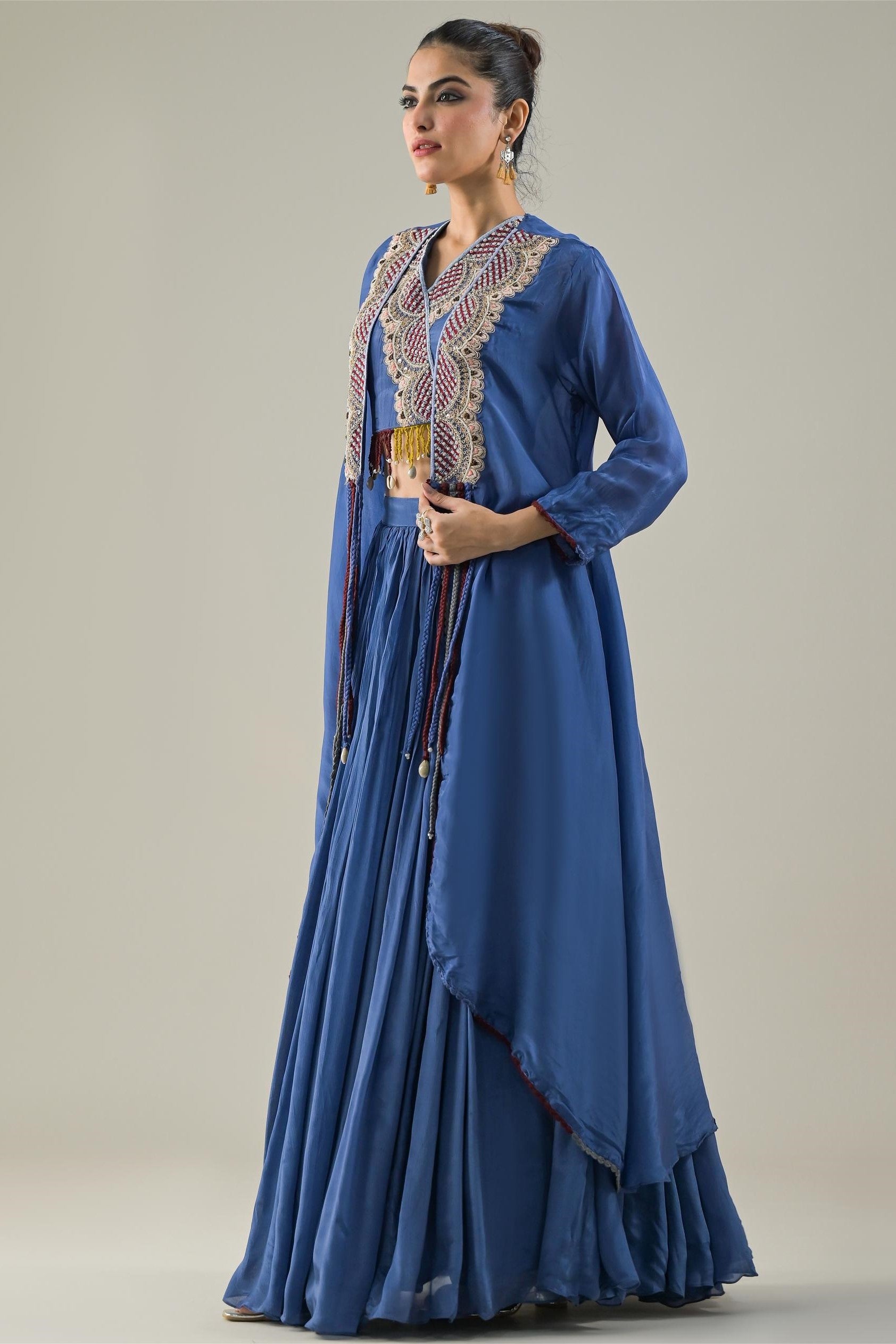 Blue Embroidered Chinon Silk Shrug & Skirt Set