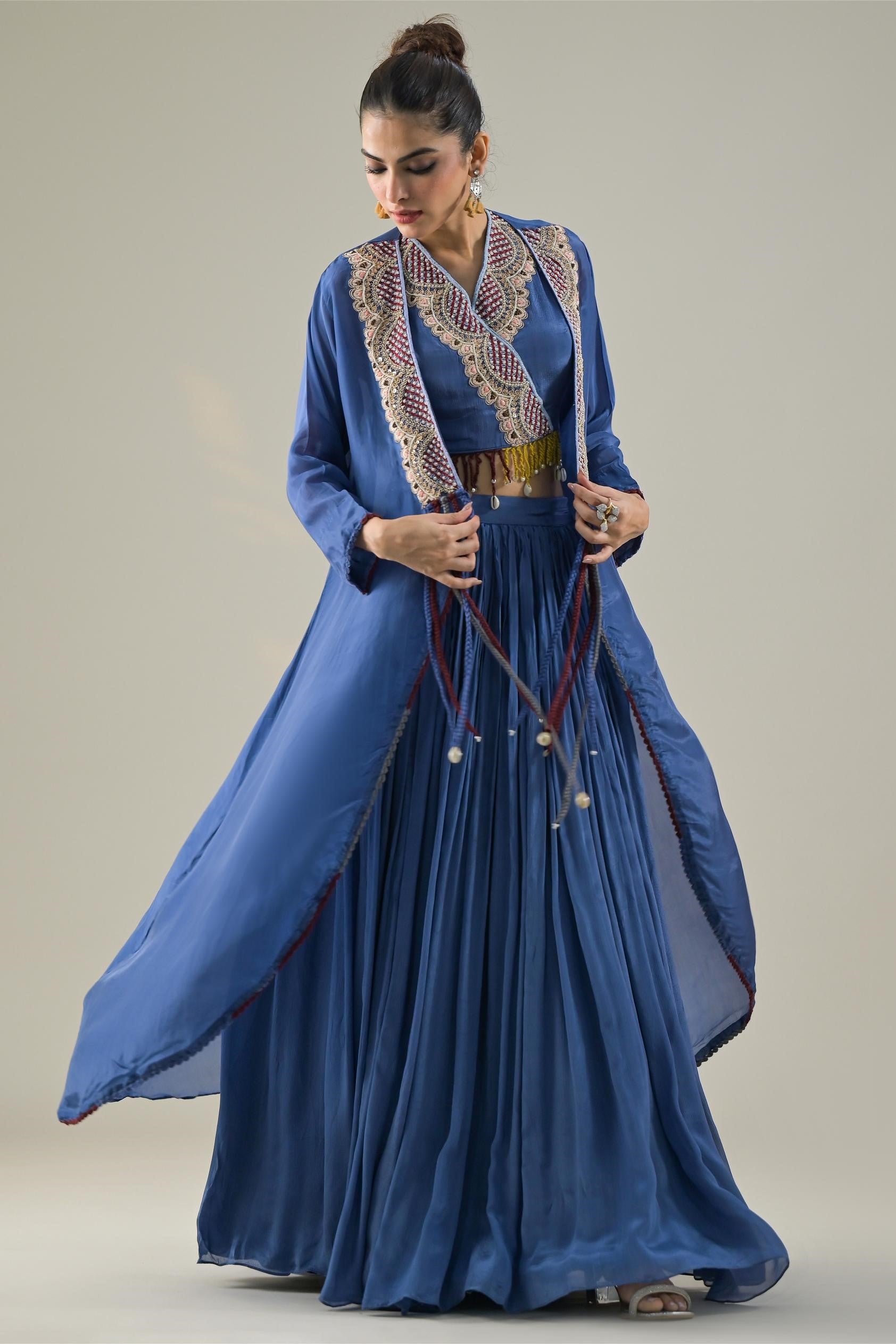 Blue Embroidered Chinon Silk Shrug & Skirt Set