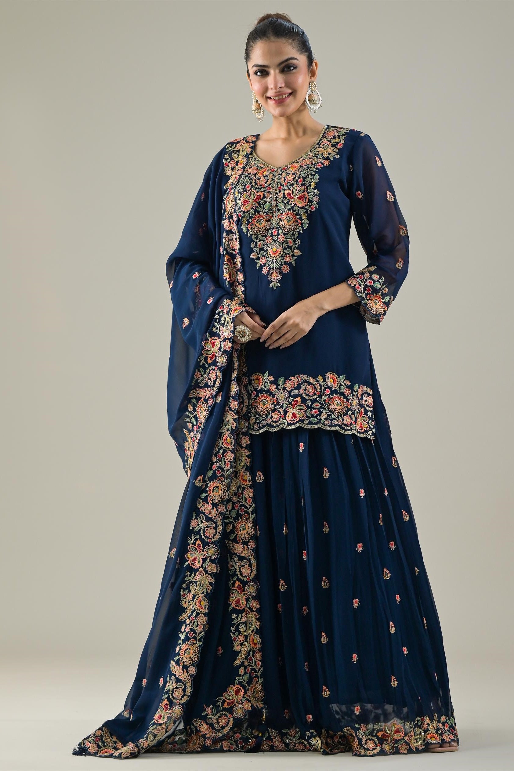 Deep Blue Embroidered Georgette Silk Lehenga Set