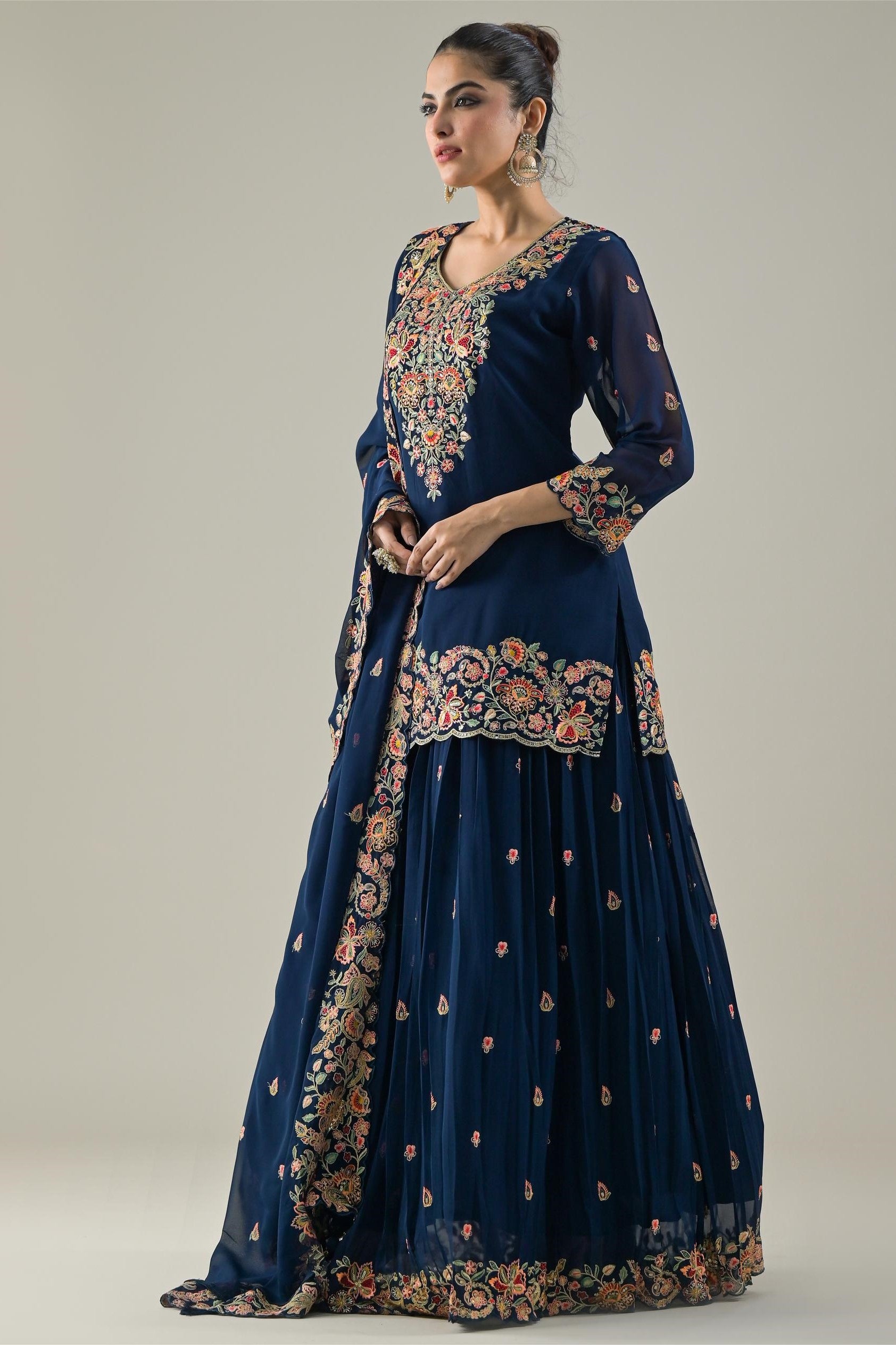 Deep Blue Embroidered Georgette Silk Lehenga Set