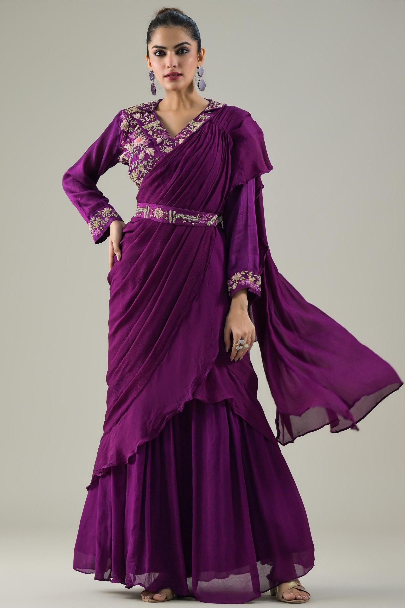 Plum Purple Embellished Chinon Silk Draped Saree