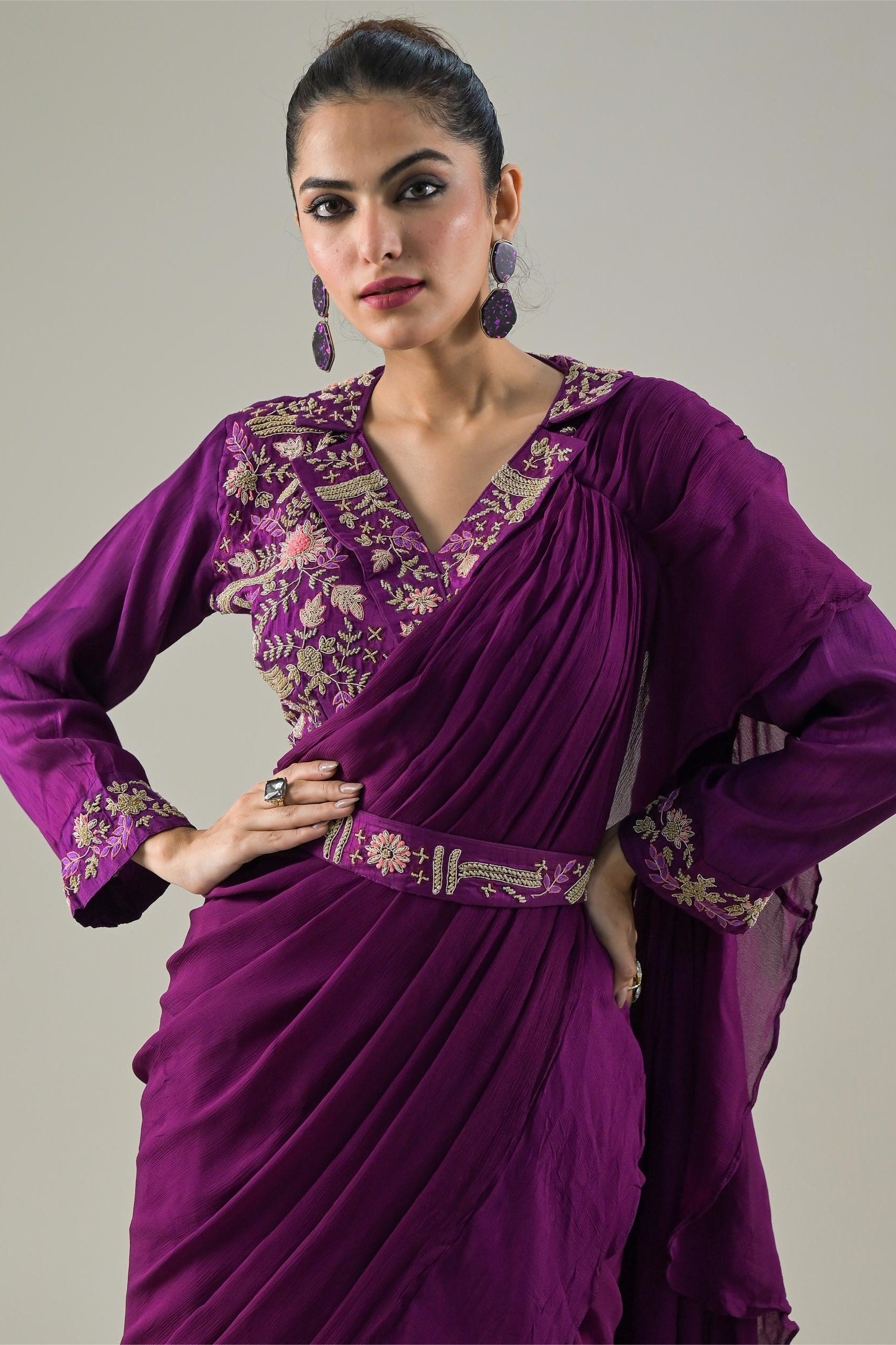 Plum Purple Embellished Chinon Silk Draped Saree