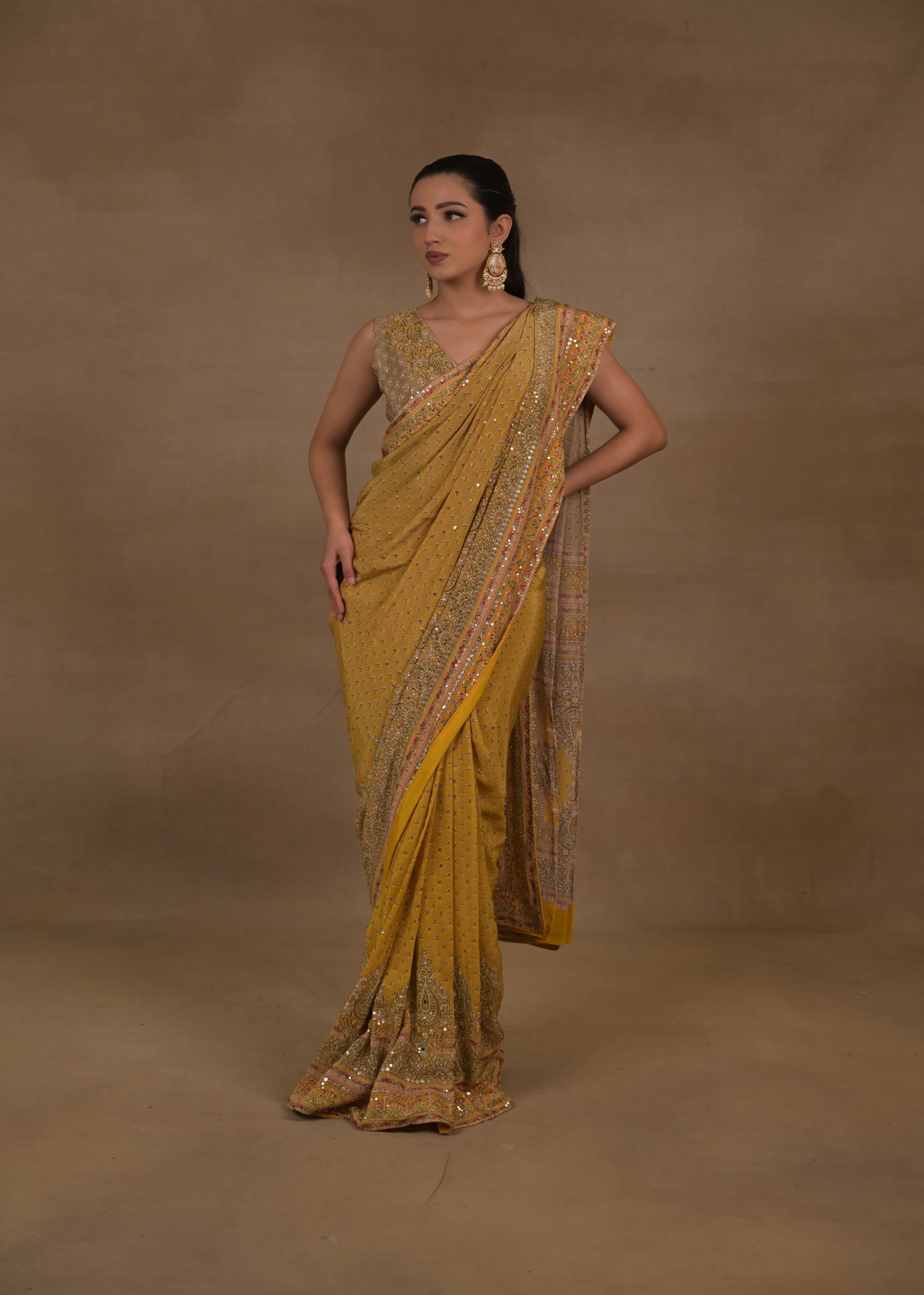 Meher Mustard Embellished Crepe Silk Pre-Draped Saree