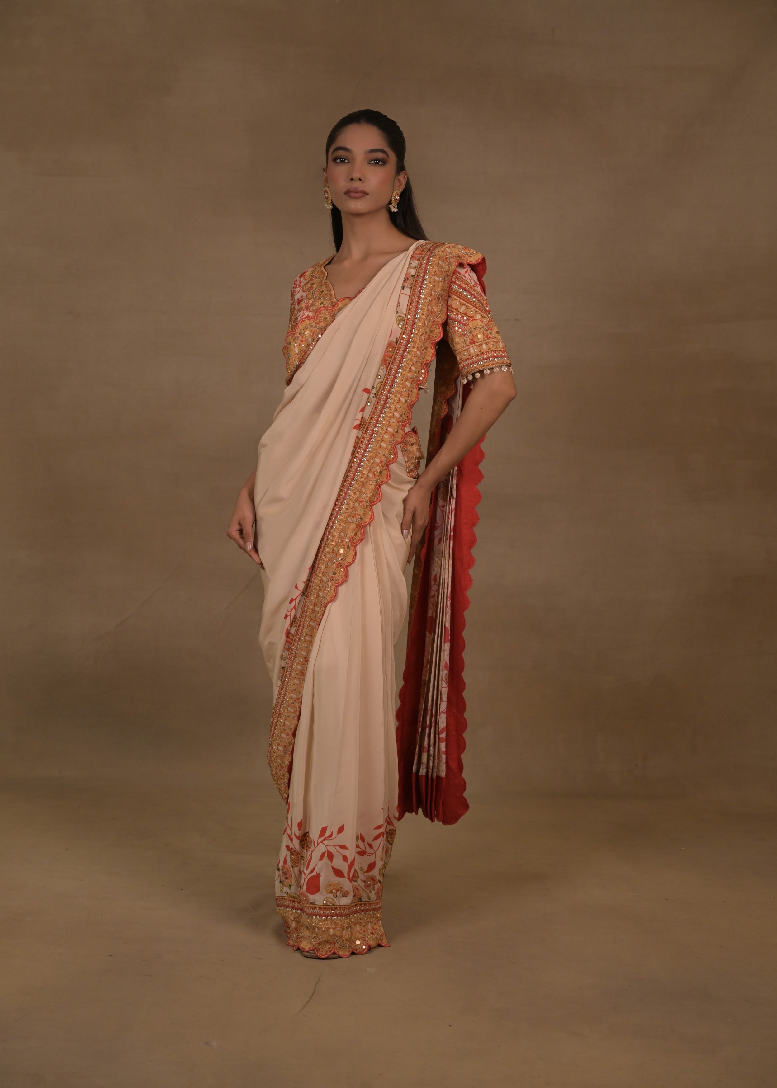 Ivory Scarlet Embellished Crepe Silk Pre-Draped Saree