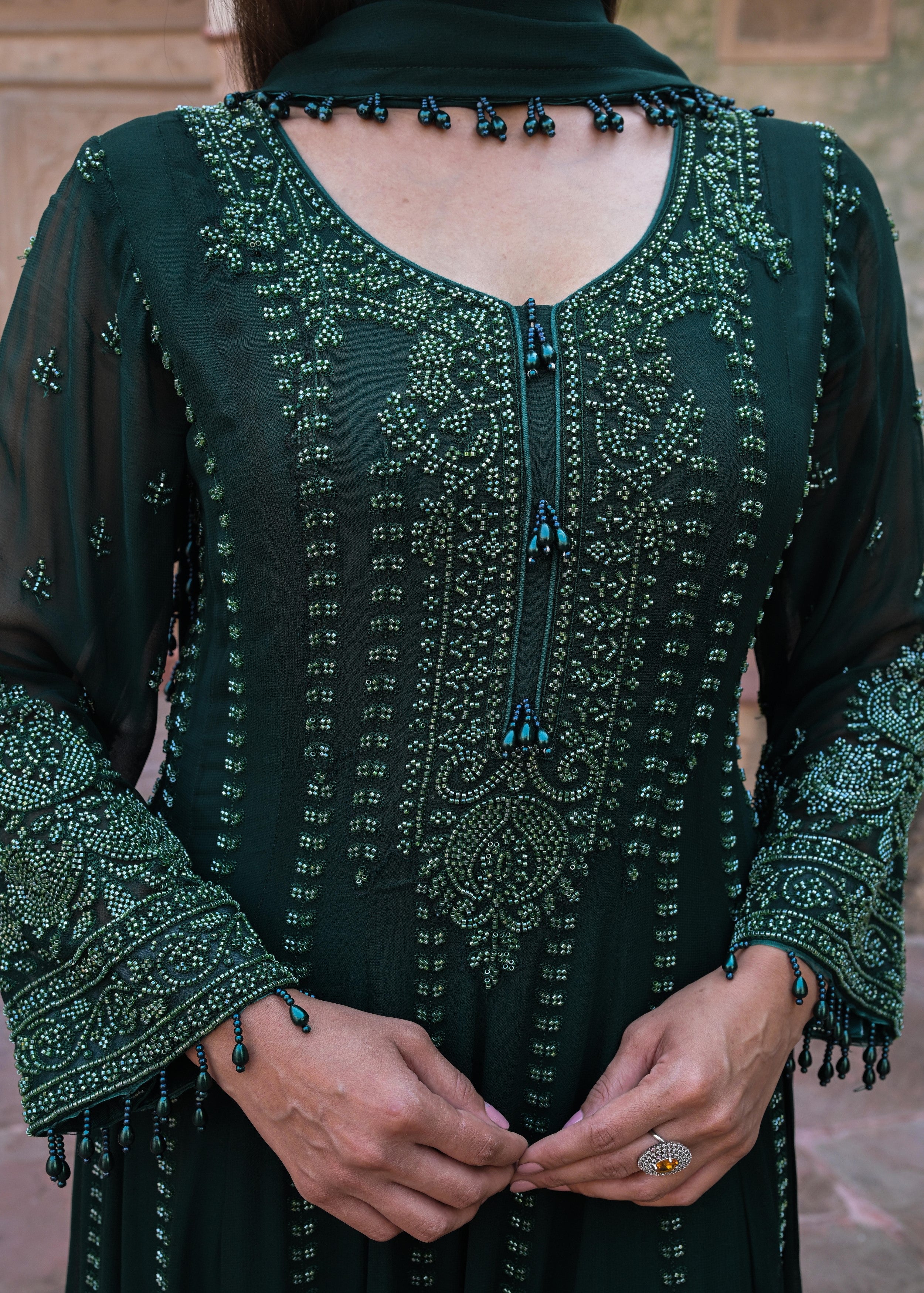 Dark Green Embellished Georgette Silk Anarkali Set