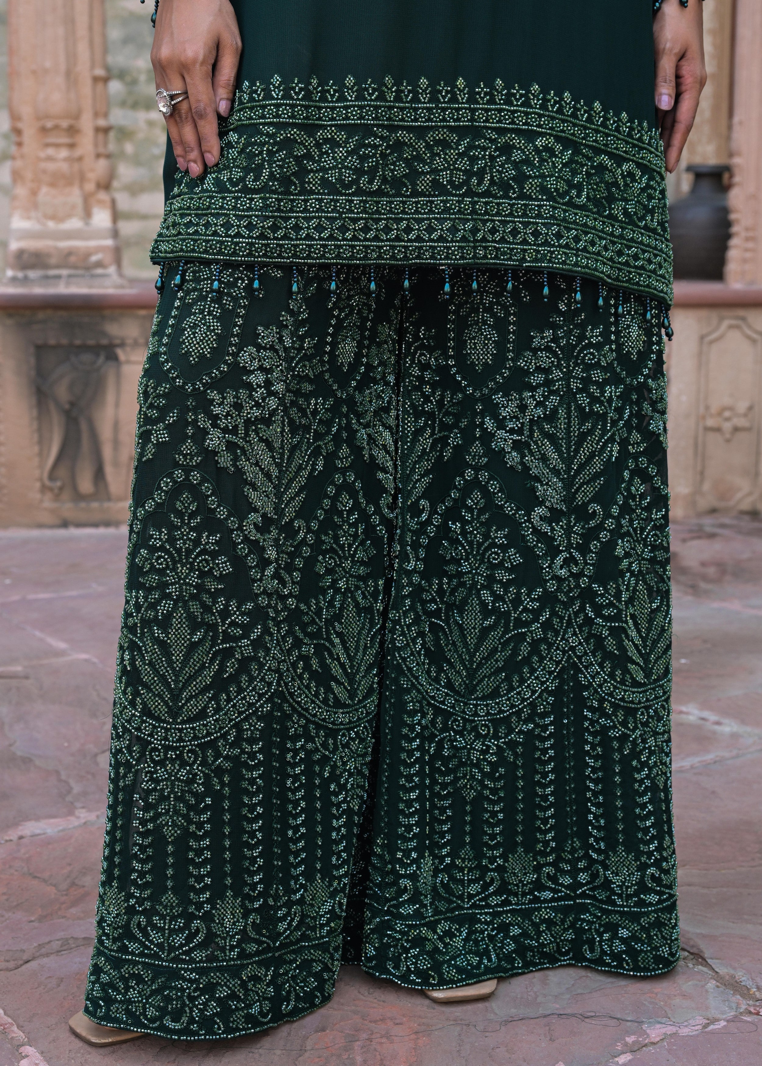 Emerald Green Embellished Georgette Silk Palazzo Set