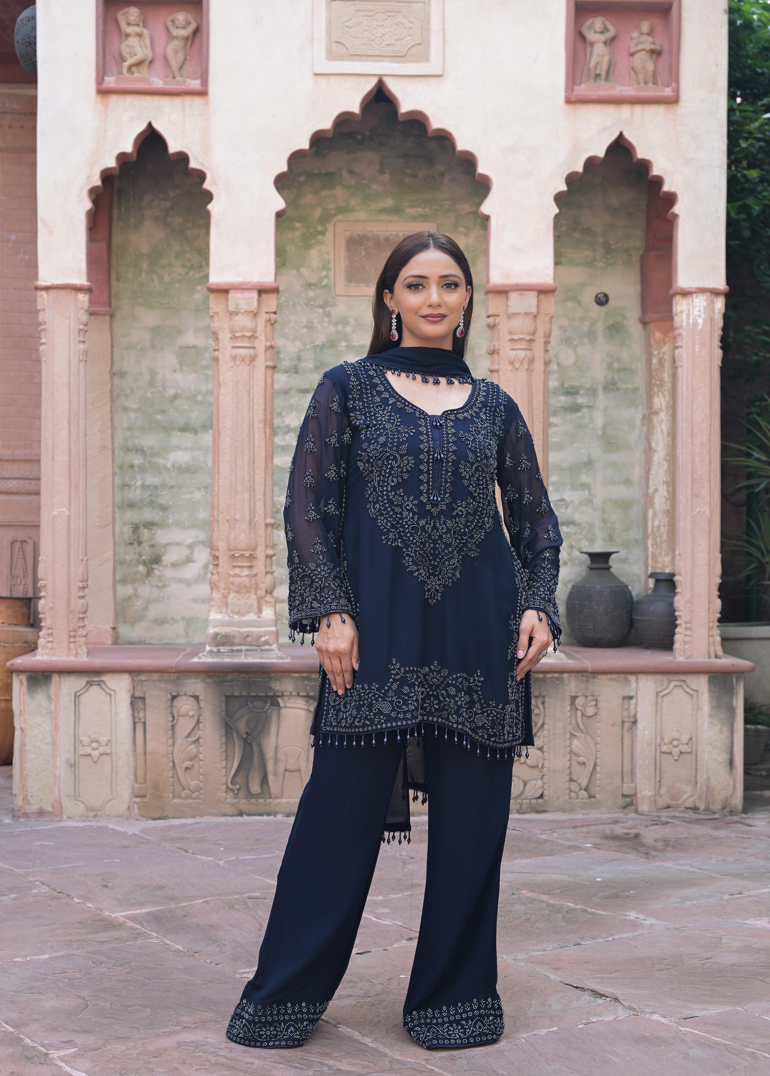 Midnight Blue Embellished Georgette Silk Pant Set