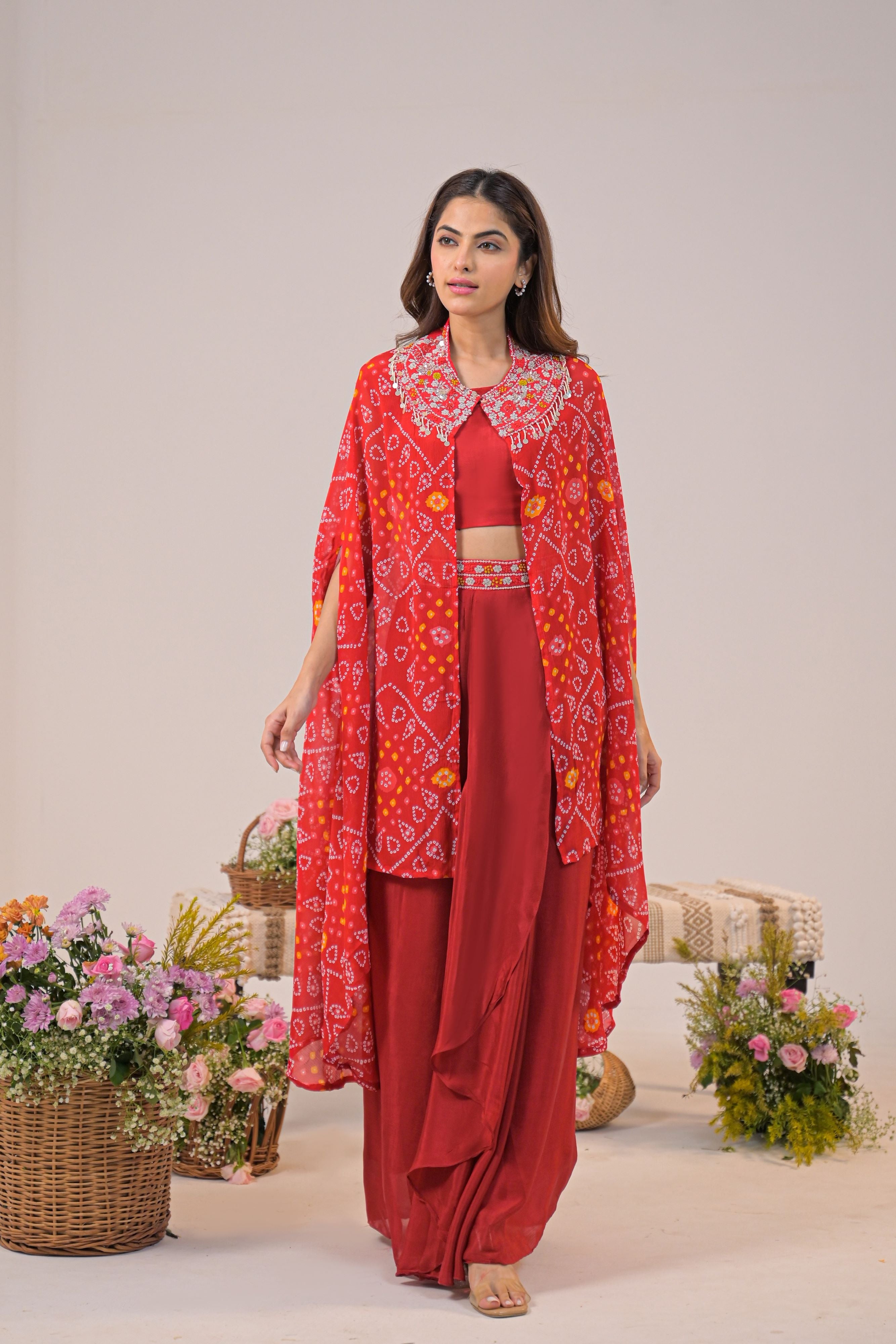 Crimson Bandhani Cape Set