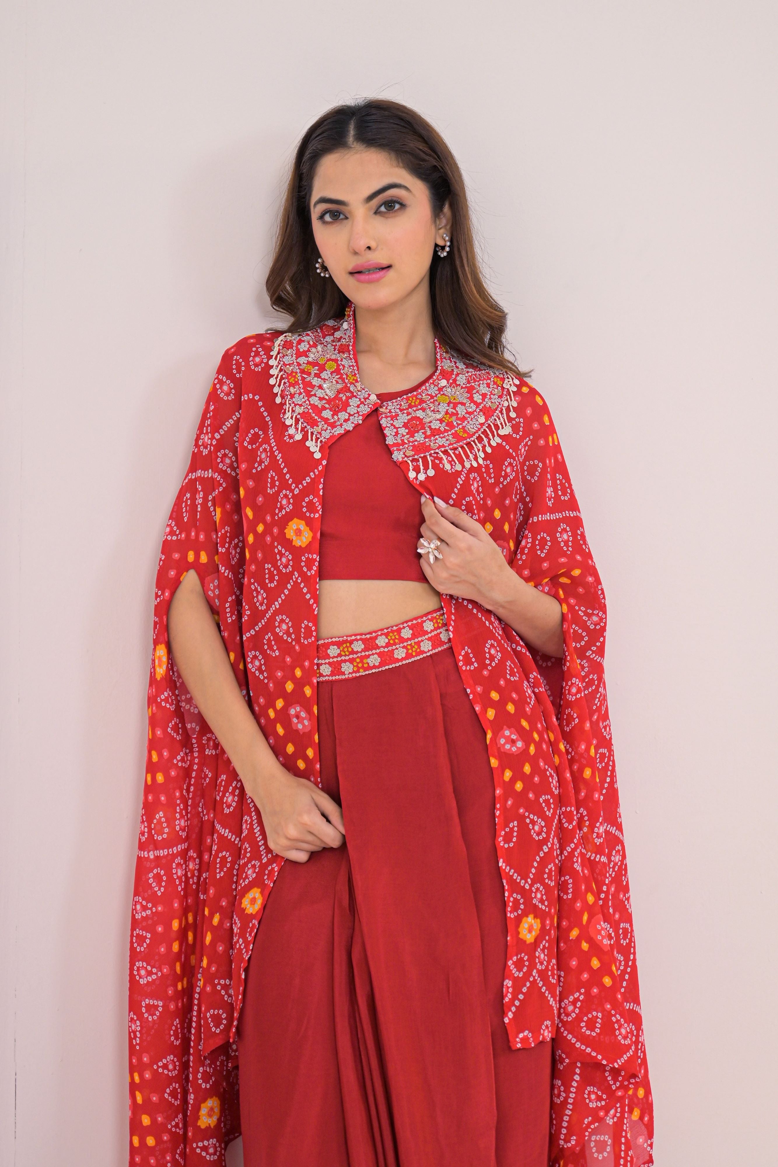 Crimson Bandhani Cape Set