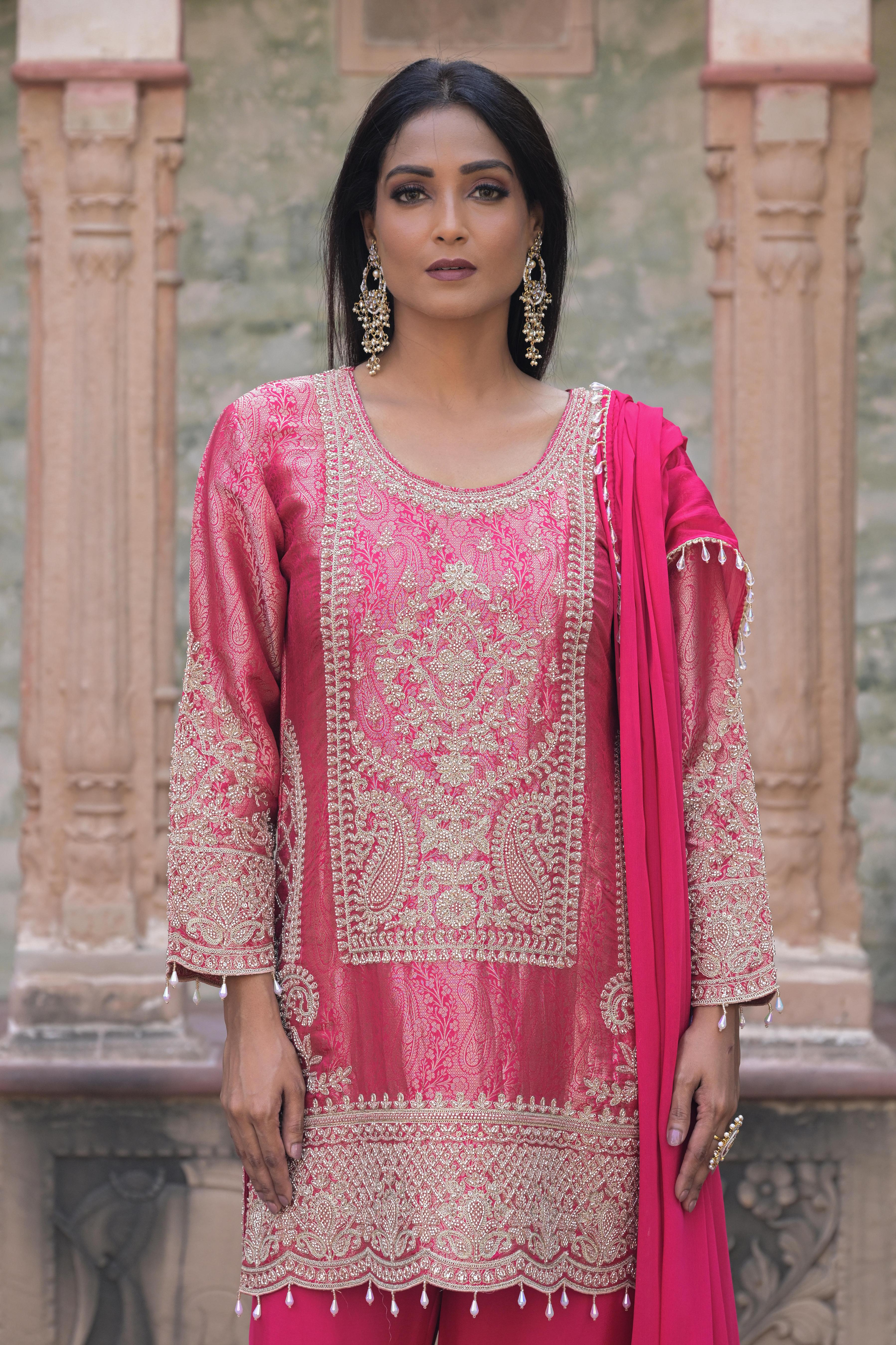 Ruby Pink Embellished Brocade Silk Pant Set