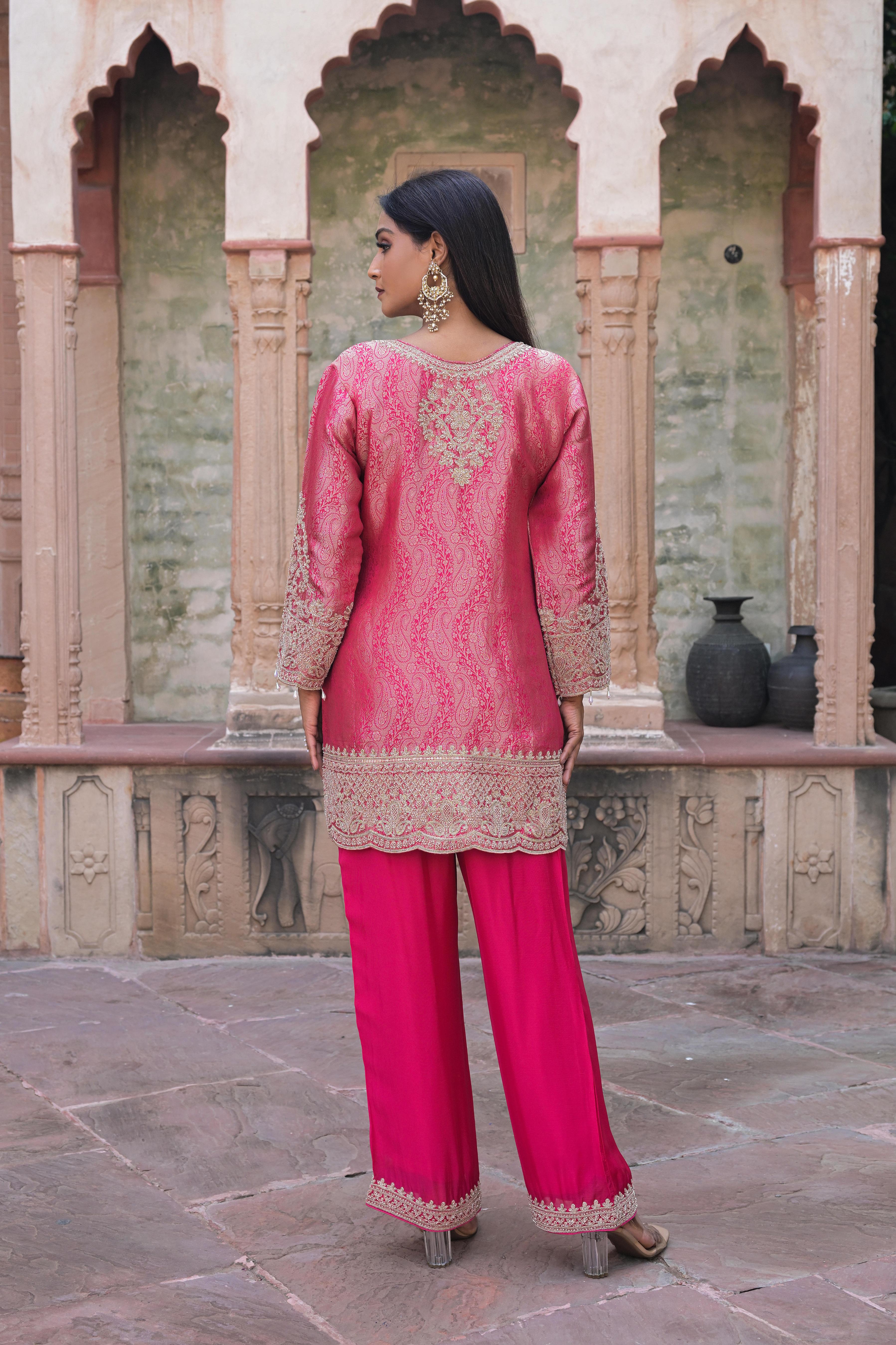 Ruby Pink Embellished Brocade Silk Pant Set