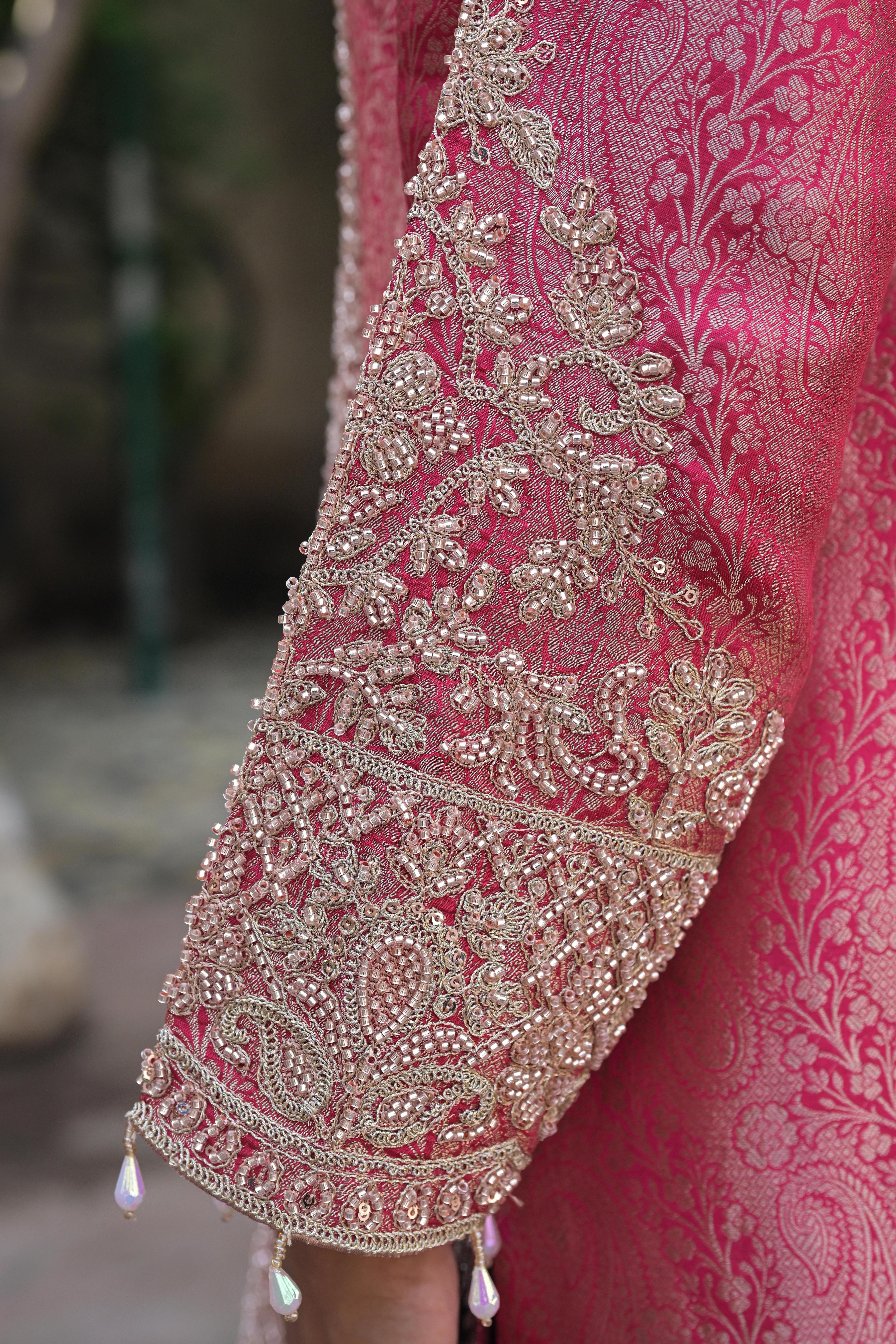 Ruby Pink Embellished Brocade Silk Pant Set