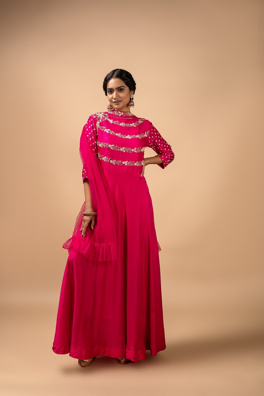 Hot Pink Pure Silk Embroidered Anarkali